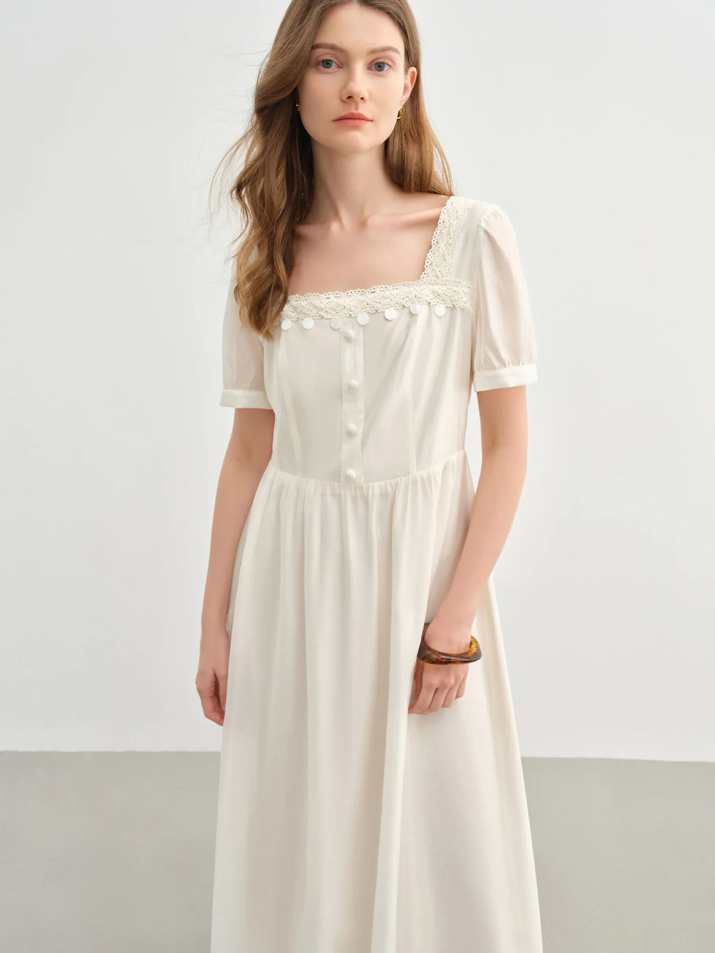 DUSHU Holiday Wave Playful Skirt Summer Travel Midi-length Dresses Lace Ribbon Square Neck Dress 25DS82742