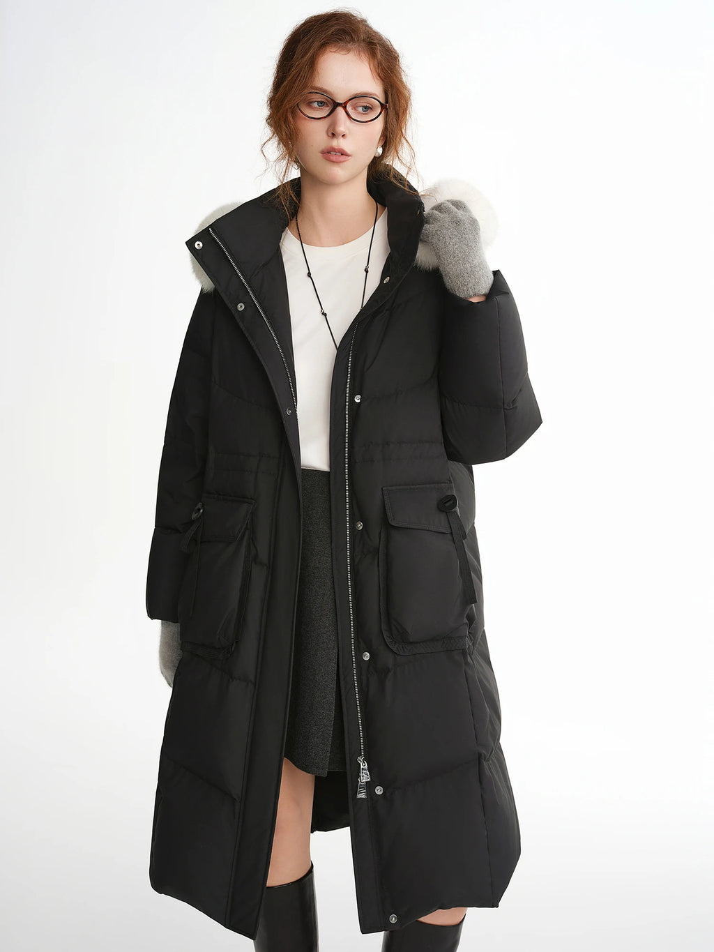 DUSHU Fox Fur Hooded Long Down Jacket New Winter Mid-Length Coat Waist-defined Simple Loose Fit Leisure Daily Warm All-match Ins