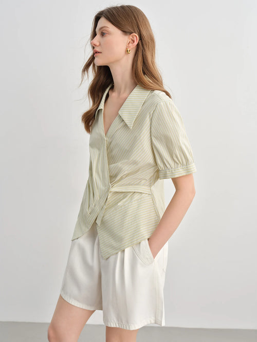 DUSHU 2025 Summer Women's Curve-Flattering Wrap-Front Shirt - V-Neck Striped Design & Breathable Fabric for Office Chic