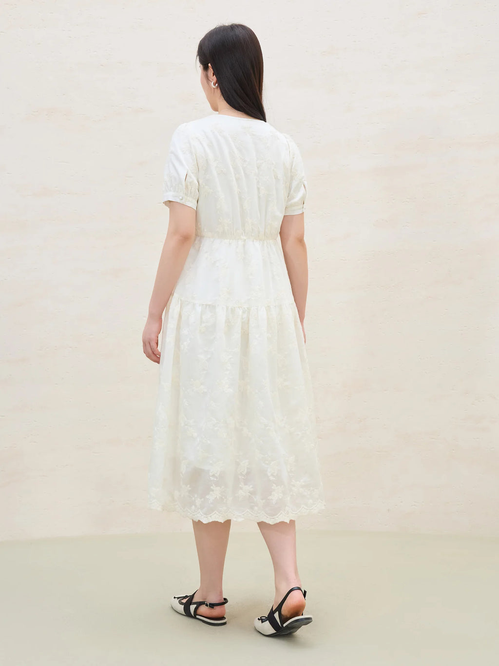 DUSHU Women Beige Dress Gentle Style Short Sleeve V-Neck Long Lace Lyocell Dresses 2025 Summer X-LINE Dress 25DS81330