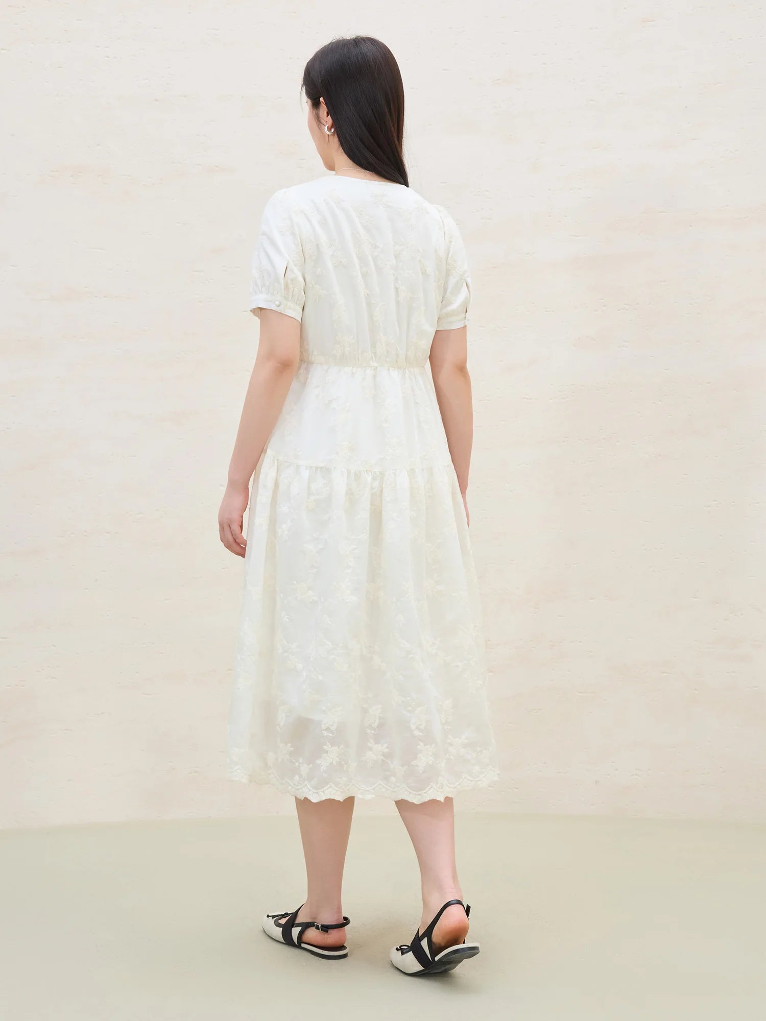 DUSHU Women Beige Dress Gentle Style Short Sleeve V-Neck Long Lace Lyocell Dresses 2025 Summer X-LINE Dress 25DS81330