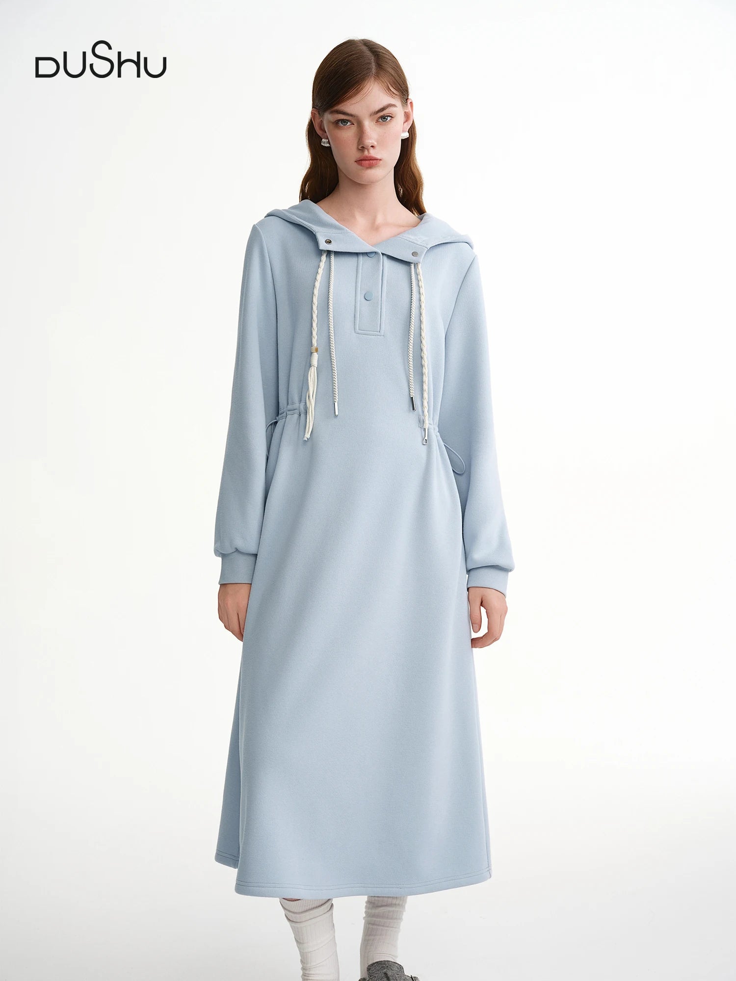 DUSHU Winter A-line Maxi Dresses Women Waist-defined Hooded Sweatshirt Sundress Long Sleeve Holiday Vestidos Cotton Daily Sweet