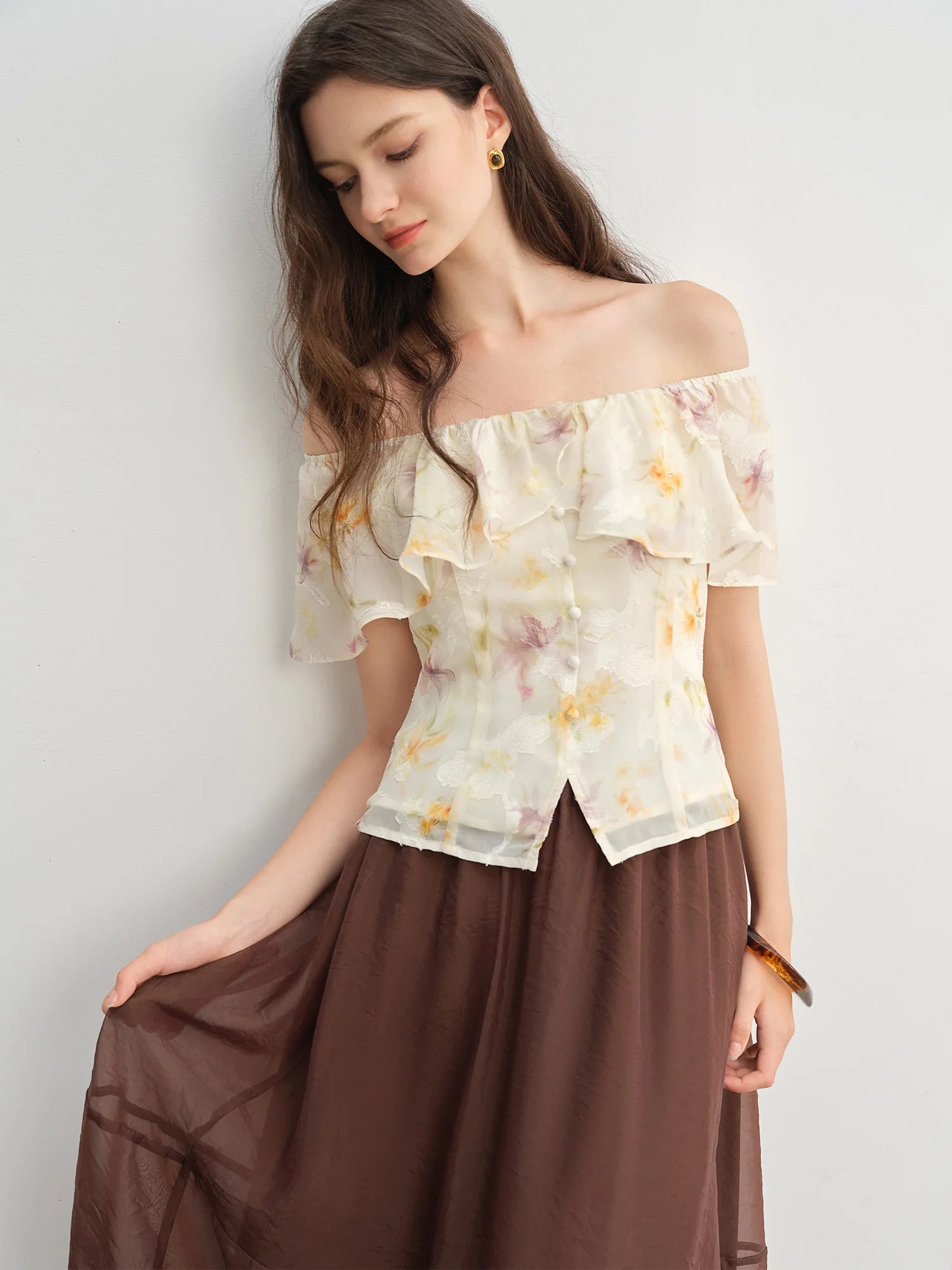 DUSHU Women's French Lazy Style One-shoulder Lotus Leaf Collar Shirt 2025 Summer New Arrival Slightly Fresh Top 25DS82379