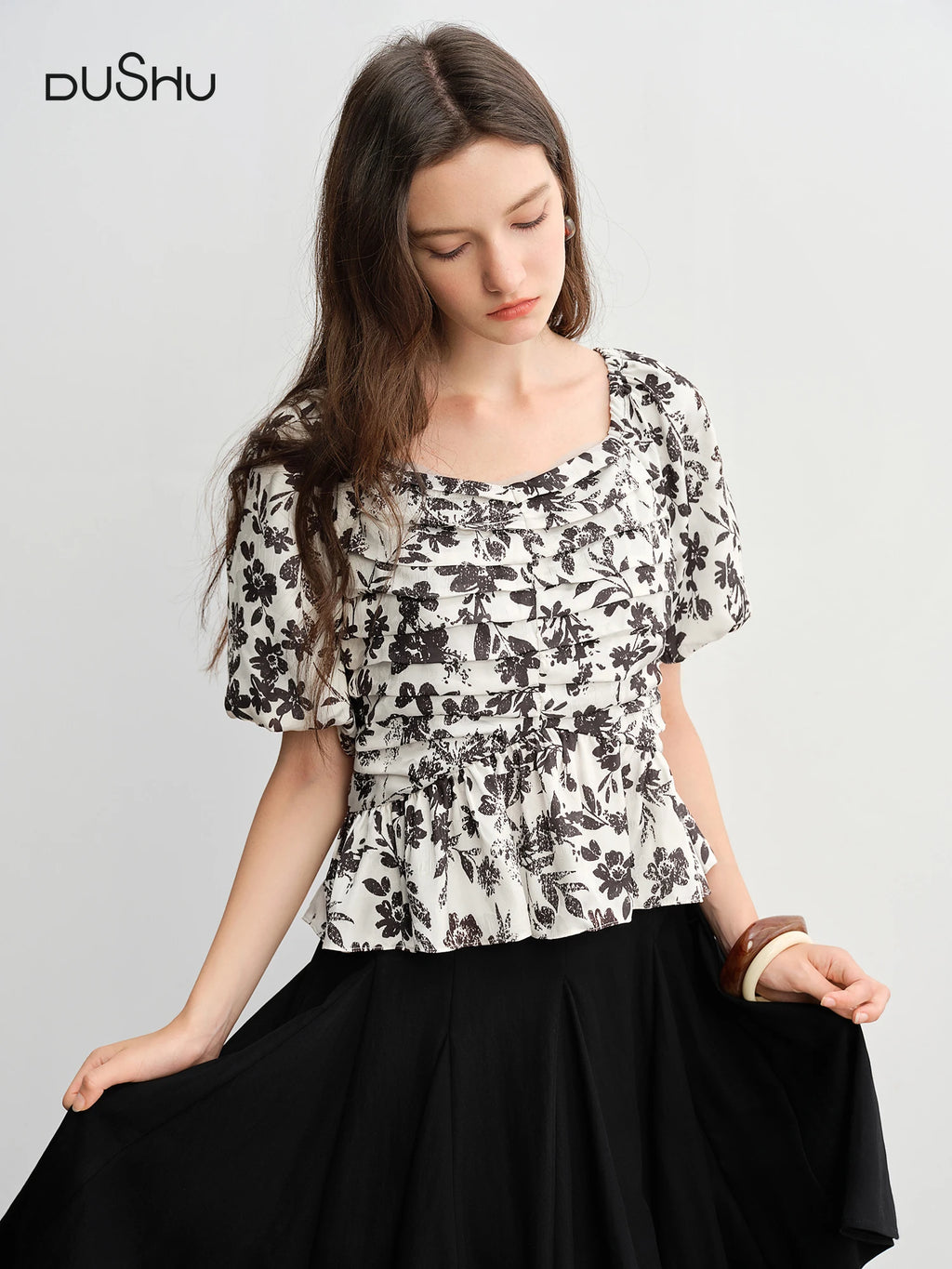 DUSHU French Design Floral Shirt 2025 Summer New Fashion Commuter Short-sleeved Top 25DS88009