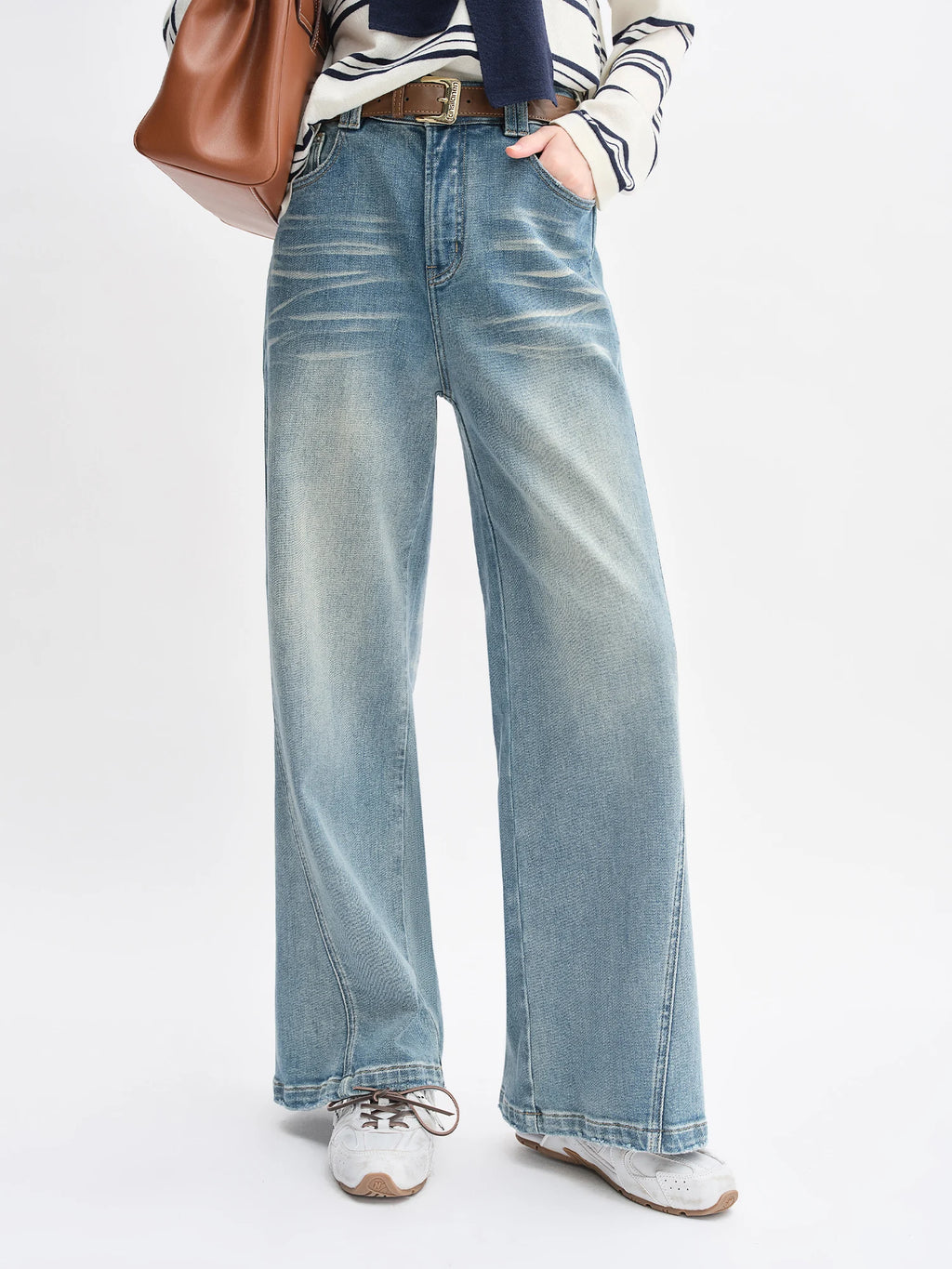 DUSHU Plus Size Design Sense Retro Washed Blue Straight Jeans High Waist Drape Slim Wide Leg Pants 2025 New Arrival 25DS83034