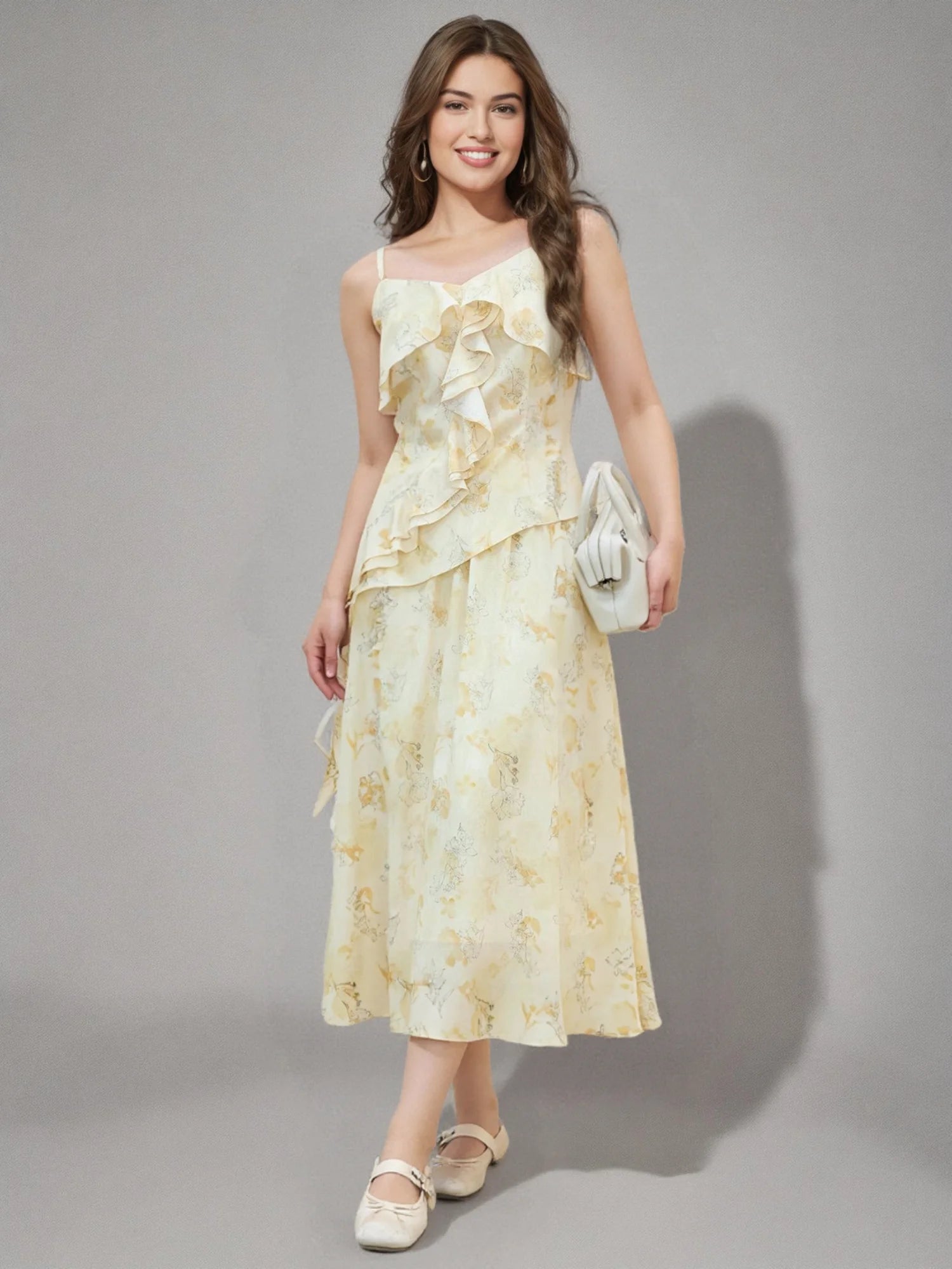 DUSHU Plus Size Women Flower Ruffled Tops 2025 Summer New Arrival Gentle Style Floral Strappy Top Skirt Two-piece Set 25DS82105
