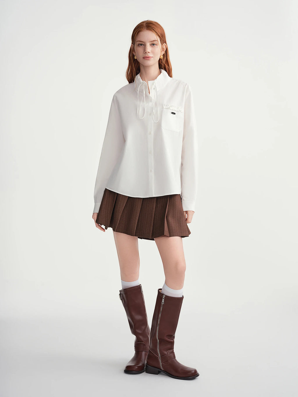 DUSHU Plus Size Women Sweetly Crinkled' White Woodland Collar 100% Cotton Shirt Comfortable 2025 New Arrival Retro Design Blouse