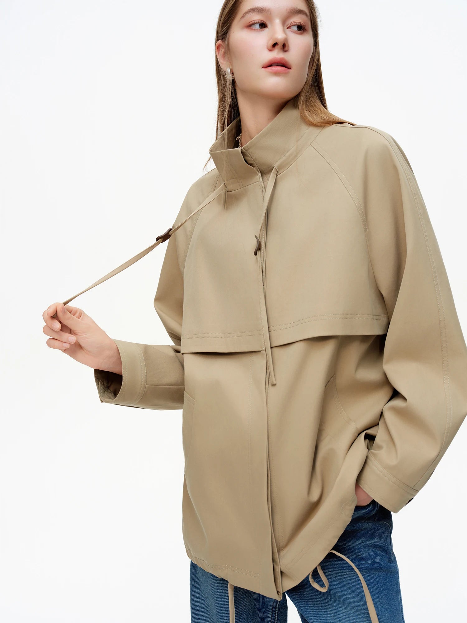 DUSHU Women's Casual Mid-length Khaki Trench Coat 2026 Spring Long Sleeve Elegant Outerwear Single-breasted Commuting
