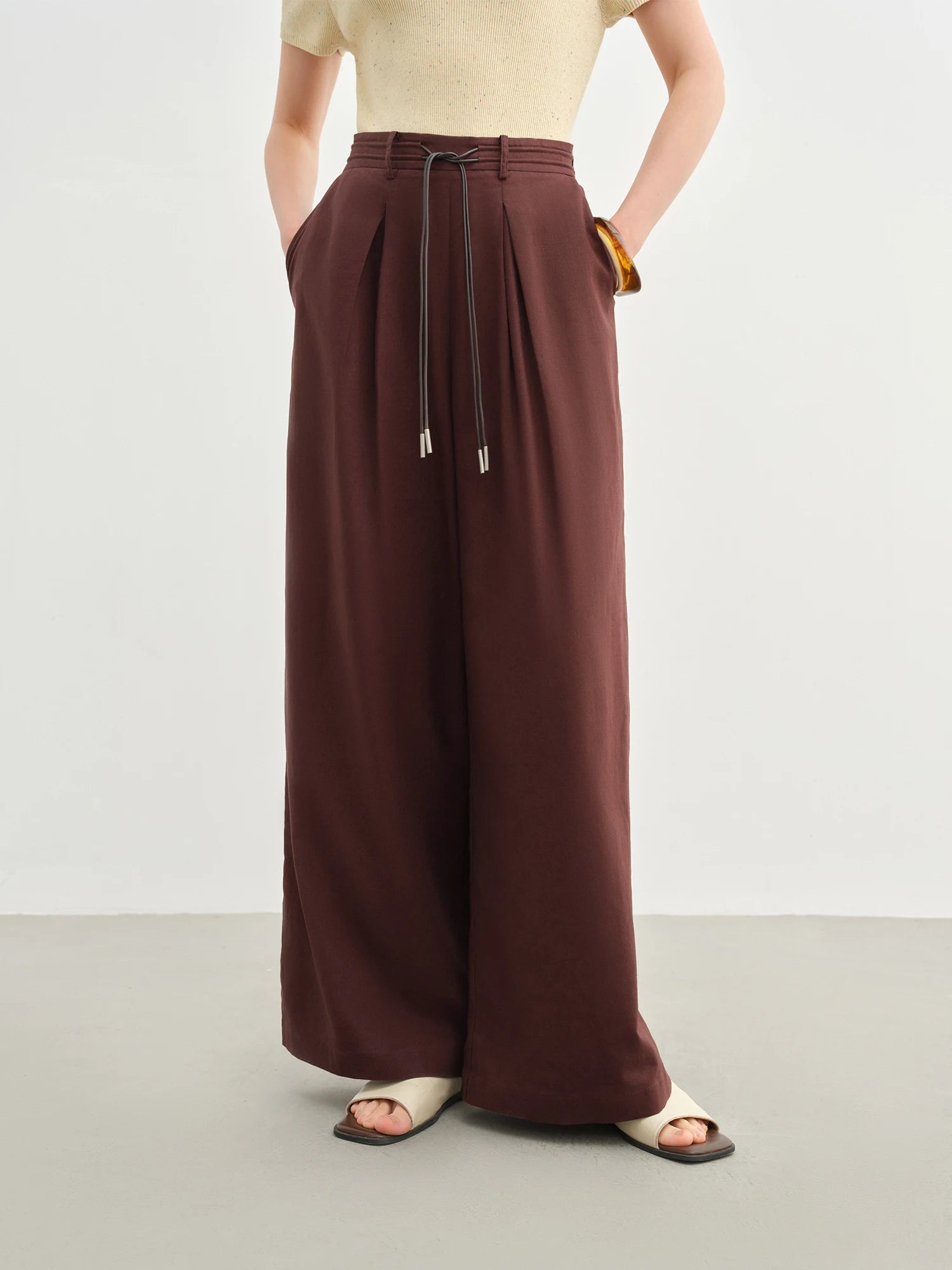 DUSHU Women Linen Drawstring Wide-leg Pants 2025 Summer New Cotton Knitted Drape Loose High Waist Slim Casual Pants 25DS82737