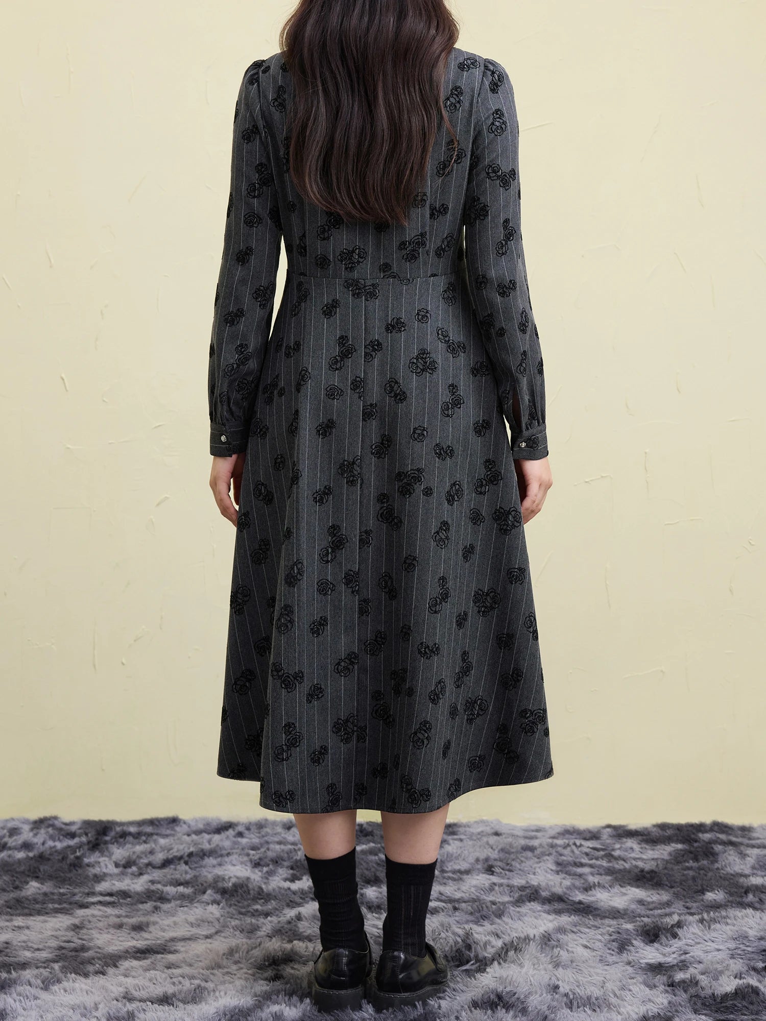 DUSHU Women Winter Print Dress Thicken Warm Female Winter Grey Puff Long Sleeve Dress X-LINE Square Neck Dresses 24DS84507