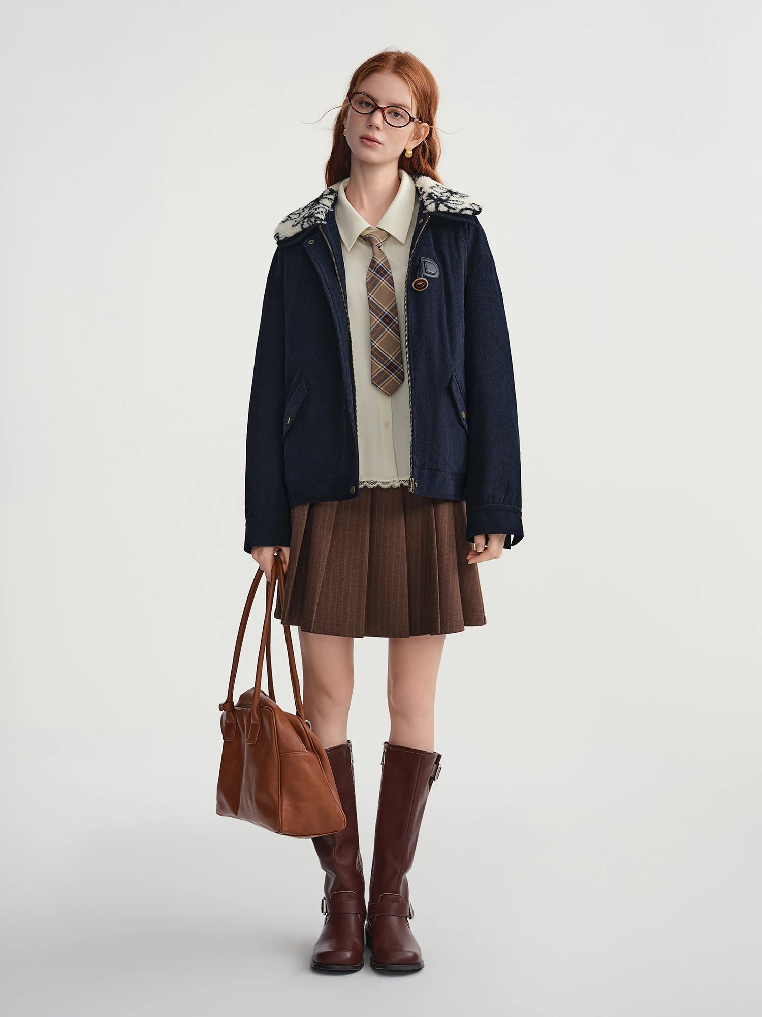DUSHU Plus-Size Women's Shearling Collar Corduroy Lined Mid-Classic Blue Tone Jacket Fall-Winter 2025 New Arrival Coat Jackets