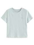 DUSHU Short-sleeved Slim-fit T-shirt New Summer 2026 Style Simple and Slimming Round Neck Top Basics Lace Design Ins Soft