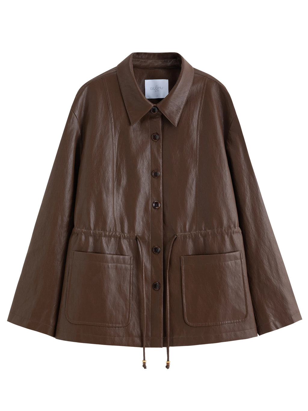 DUSHU 2026 Spring Women's Drawstring Waist Oversized Leather Jacket - Flattering Fit Cropped Motorcycle Style PU Coat for Casual