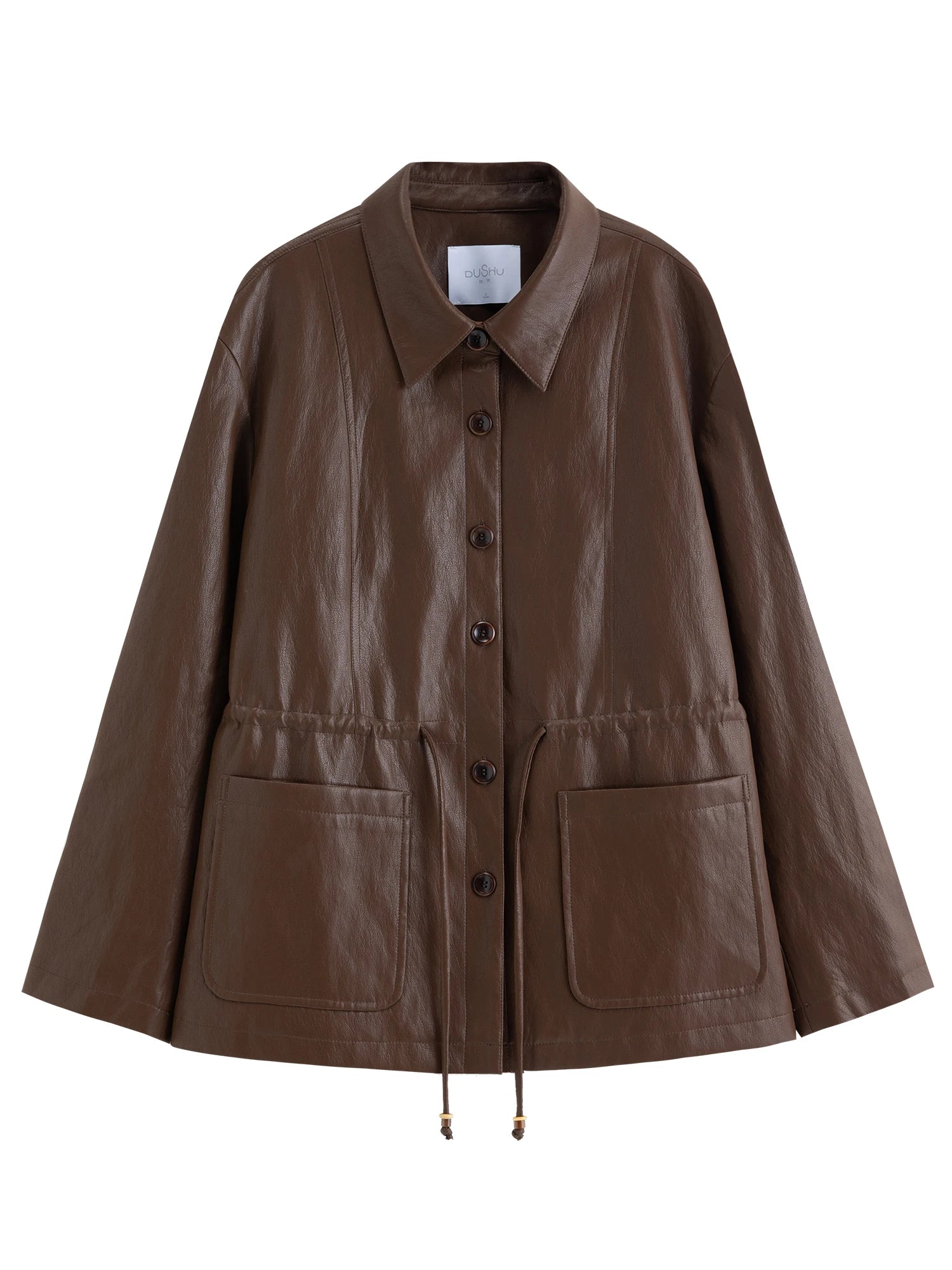 DUSHU 2026 Spring Women's Drawstring Waist Oversized Leather Jacket - Flattering Fit Cropped Motorcycle Style PU Coat for Casual
