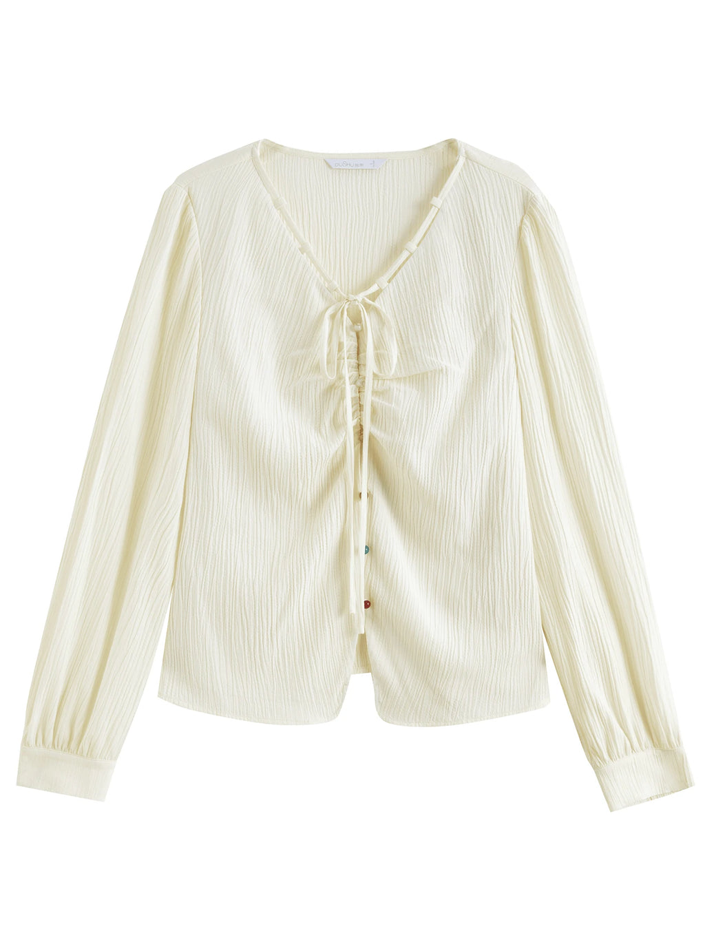 DUSHU Women Beige Long Sleeve Shirts V-Neck Single Breasted Spring Chiffon Blouse Gentle Style Long Sleeve Tops 25DS81100