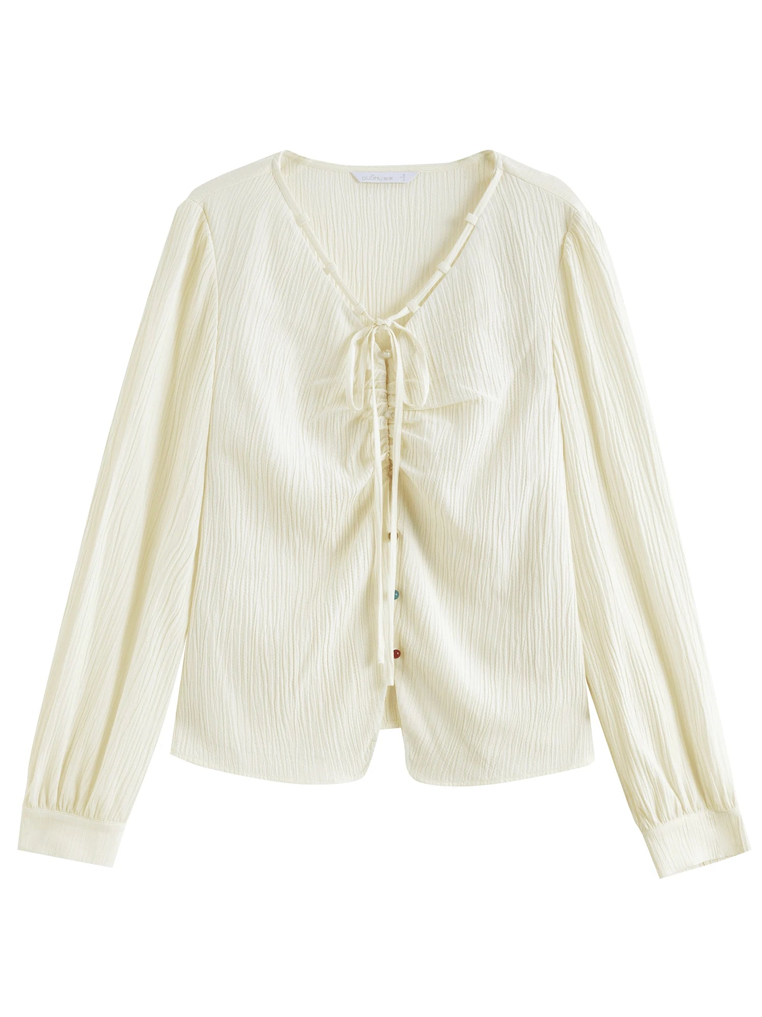 DUSHU Women Beige Long Sleeve Shirts V-Neck Single Breasted Spring Chiffon Blouse Gentle Style Long Sleeve Tops 25DS81100