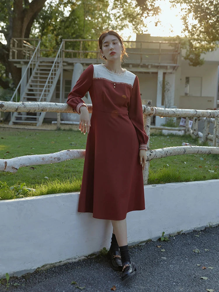 DUSHU Women's Winter Retro Red Stitching Dress Long Polo Neck Belt A-line Skirt Women Bow Neckline Design Thick Bottoming Dress