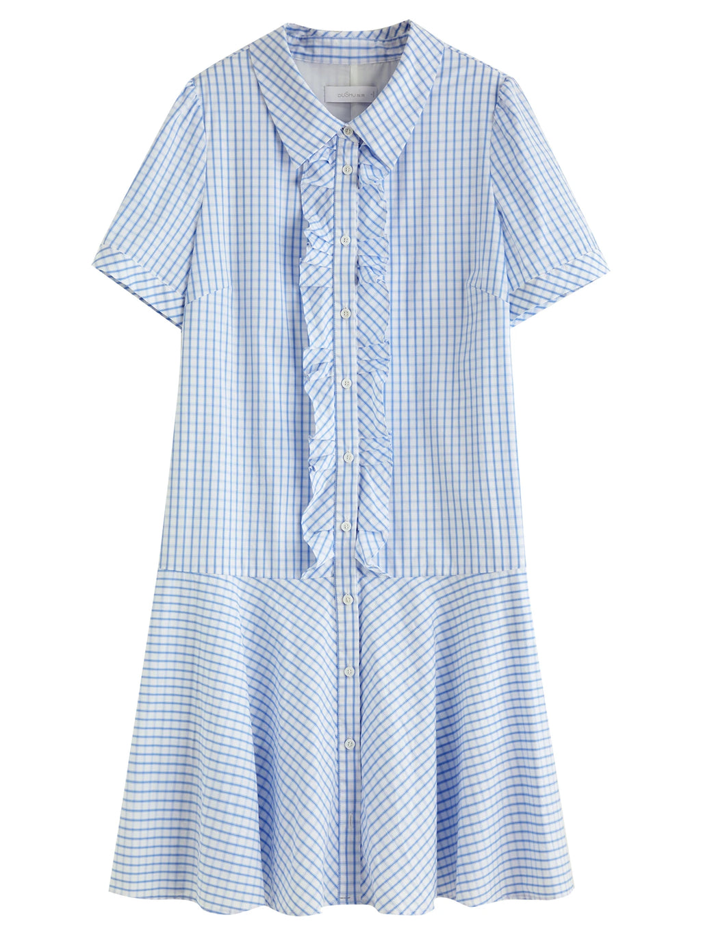 DUSHU Ruffled Decorative Plaid Shirt Dress For Women 2025 Summer New Arrival Commuter Temperament Blue Dress 25DS82381