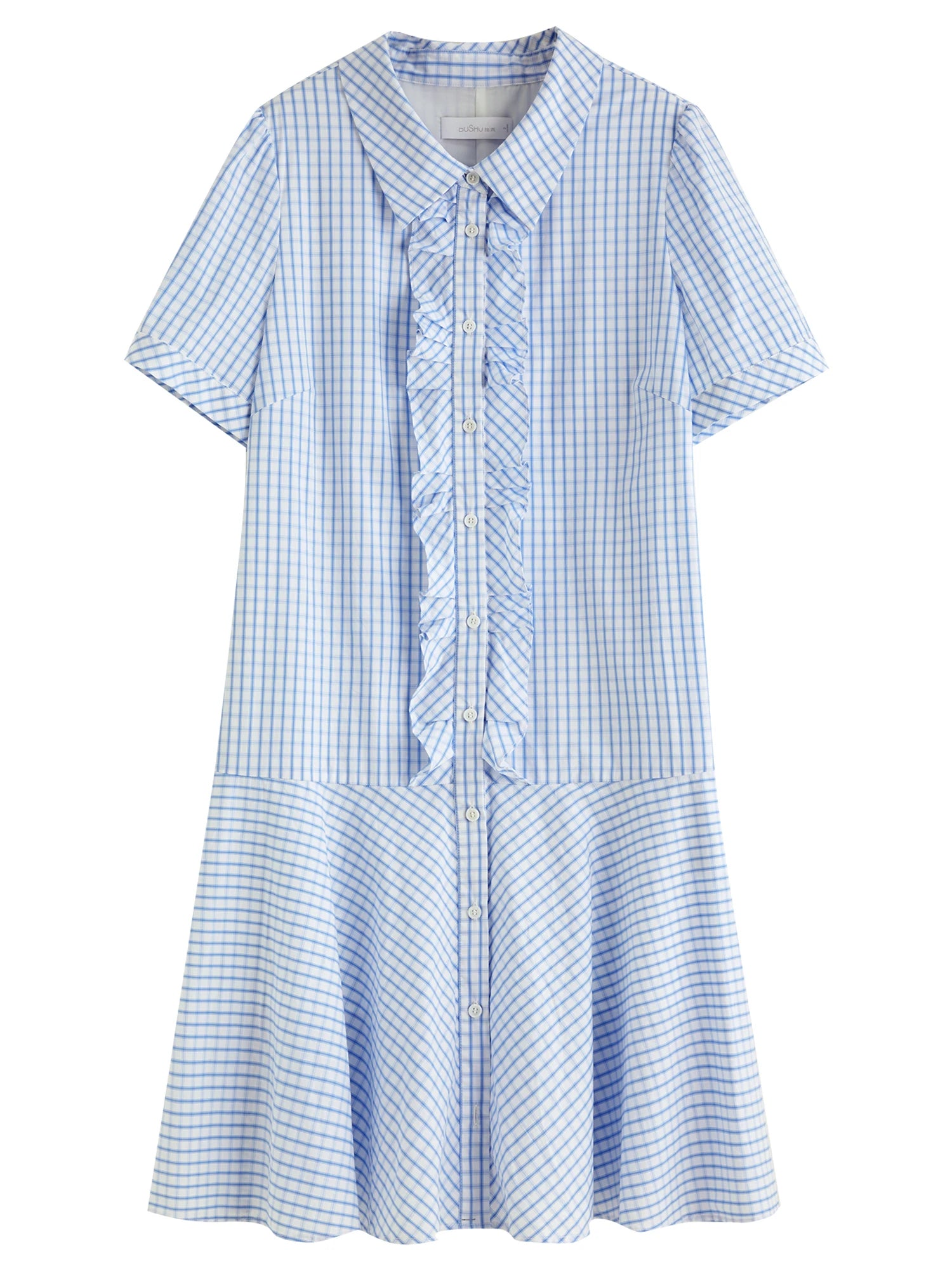 DUSHU Ruffled Decorative Plaid Shirt Dress For Women 2025 Summer New Arrival Commuter Temperament Blue Dress 25DS82381