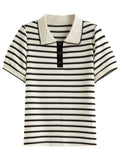 DUSHU 2025 Summer Women's Striped Knit Top - Button Collar Office Chic & Breathable Casual Versatility Casual T-Shirts 25DS82715