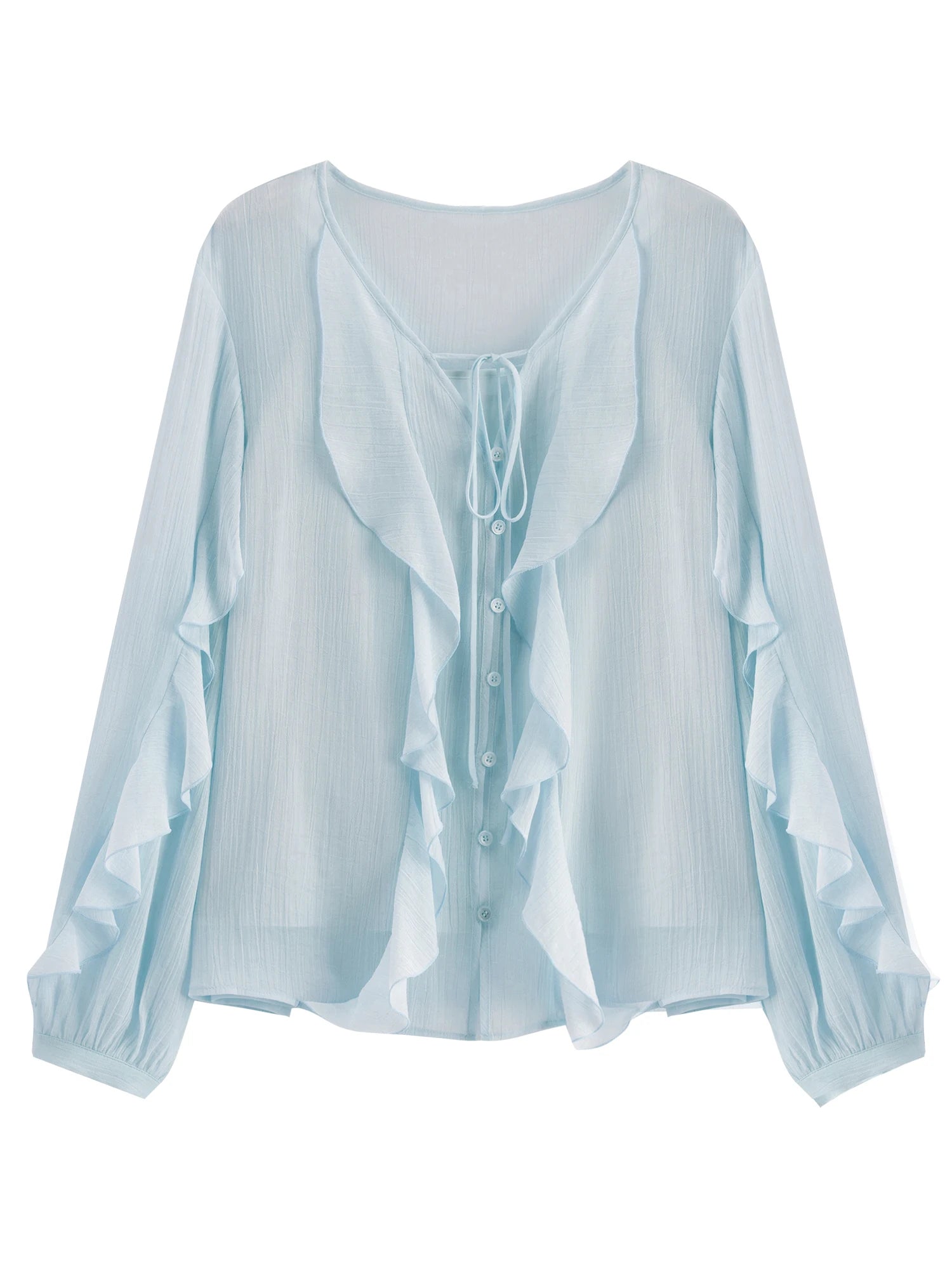 DUSHU 2026 Spring Women's Flounce Trim Blouse V-Neck Design - Elegant Flowy Chiffon Top for Office Commute and Casual Wear