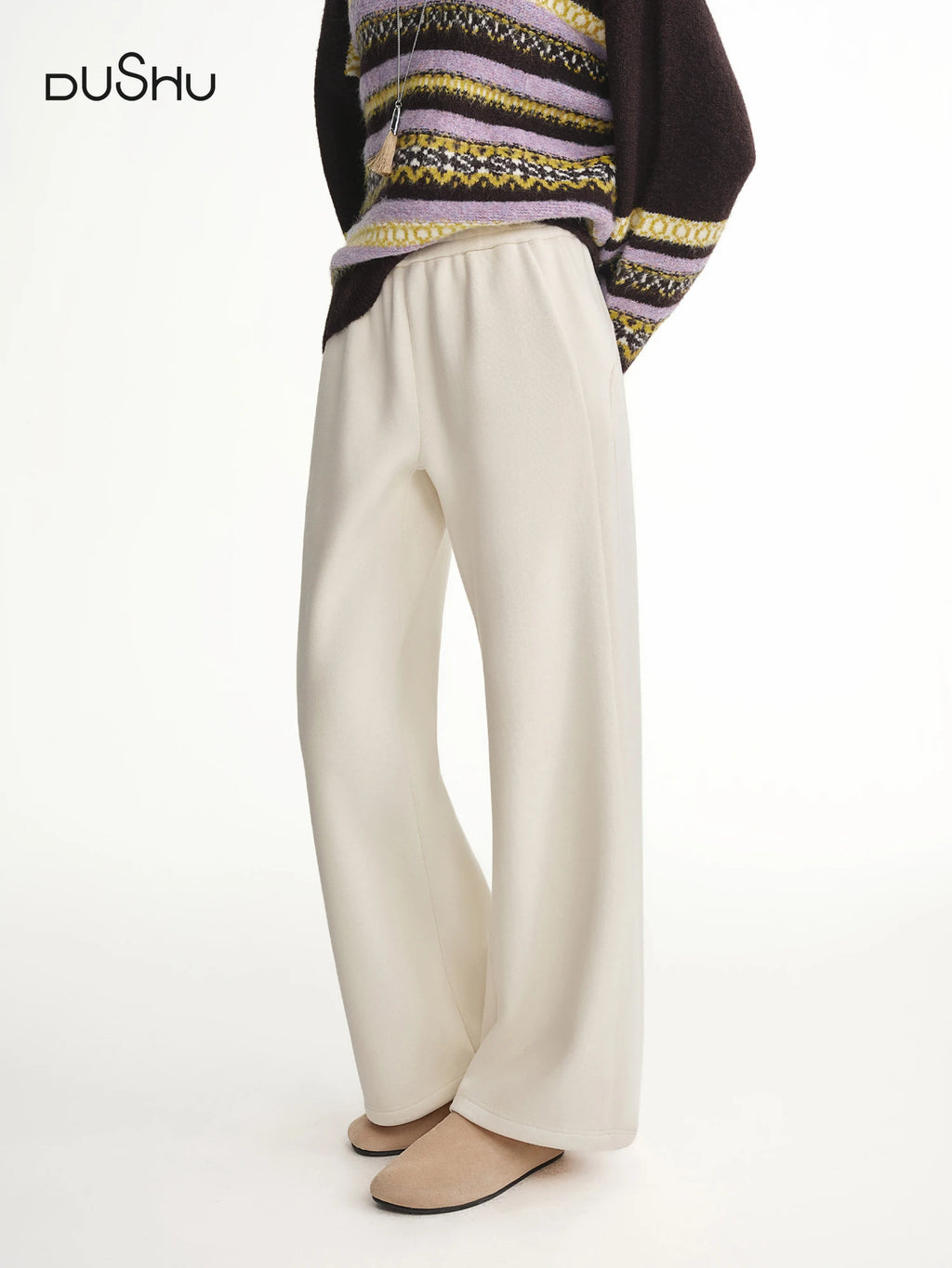 DUSHU Plus Size High Waist Fleece Lined Straight Leg Pants Winter Warm Elastic Waist Casual Trousers Cozy Plush Casual Pants