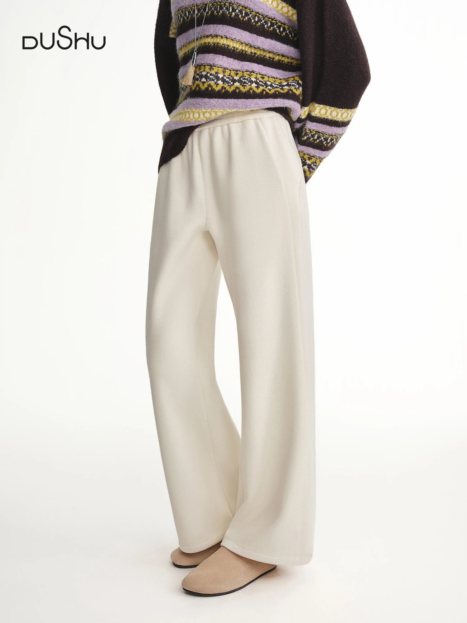 DUSHU Plus Size High Waist Fleece Lined Straight Leg Pants Winter Warm Elastic Waist Casual Trousers Cozy Plush Casual Pants