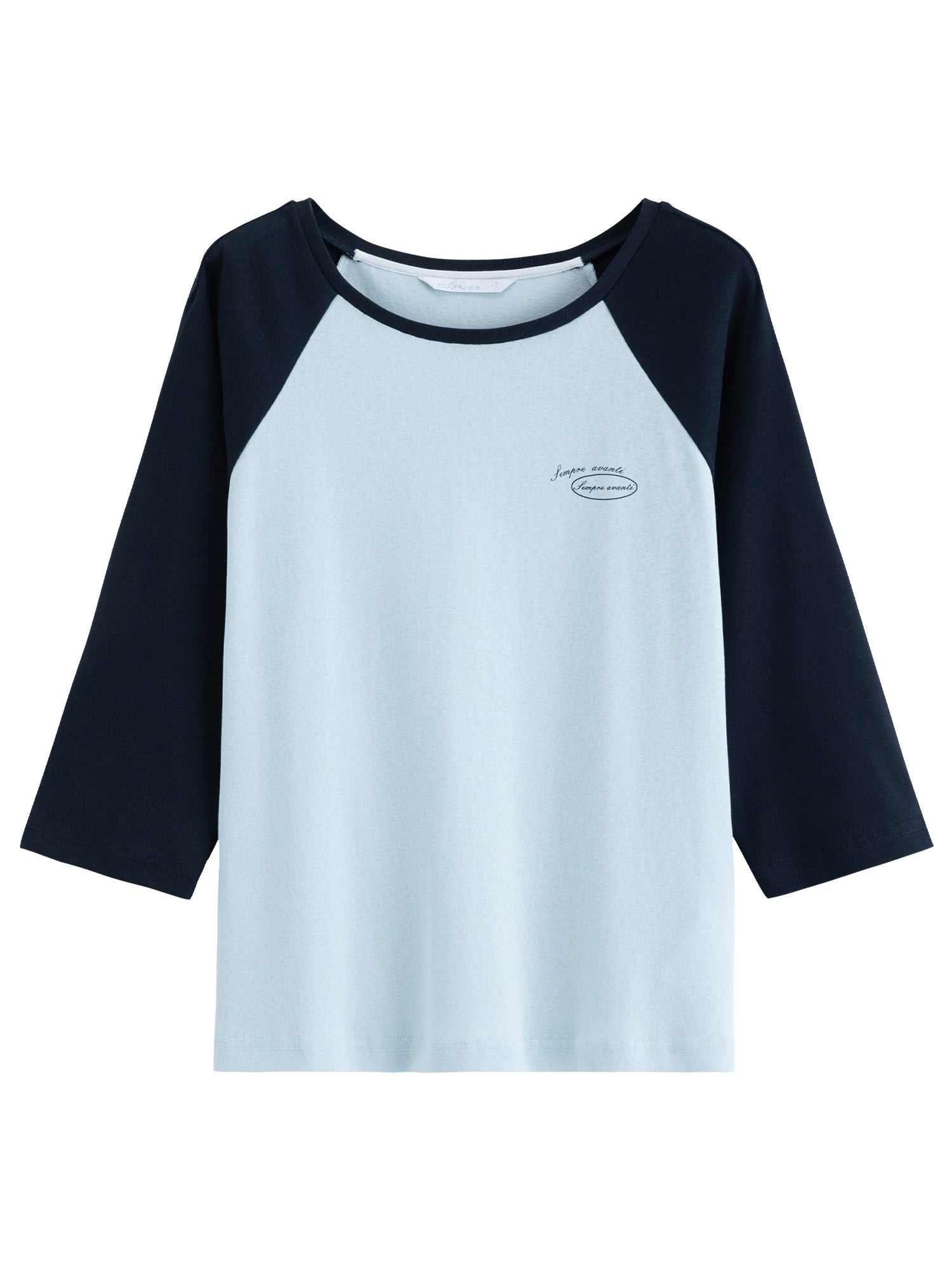 DUSHU 2026 Summer Women's Color Block Raglan Sleeve Three-Quarter T-Shirt - Casual Round Neck Top for Daily Wear and Summer