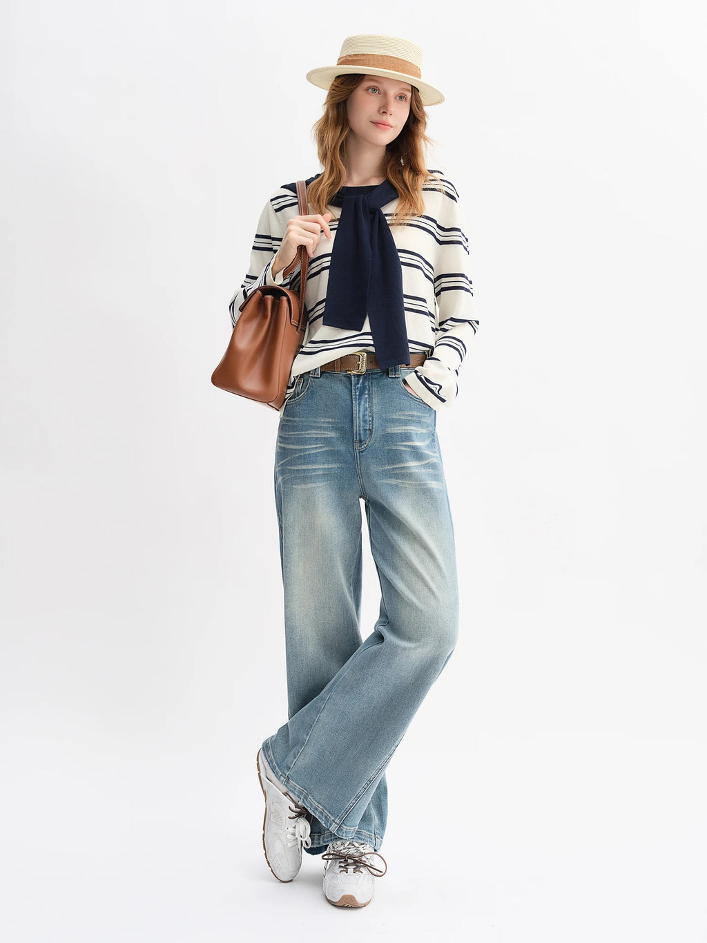 DUSHU Plus Size Design Sense Retro Washed Blue Straight Jeans High Waist Drape Slim Wide Leg Pants 2025 New Arrival 25DS83034