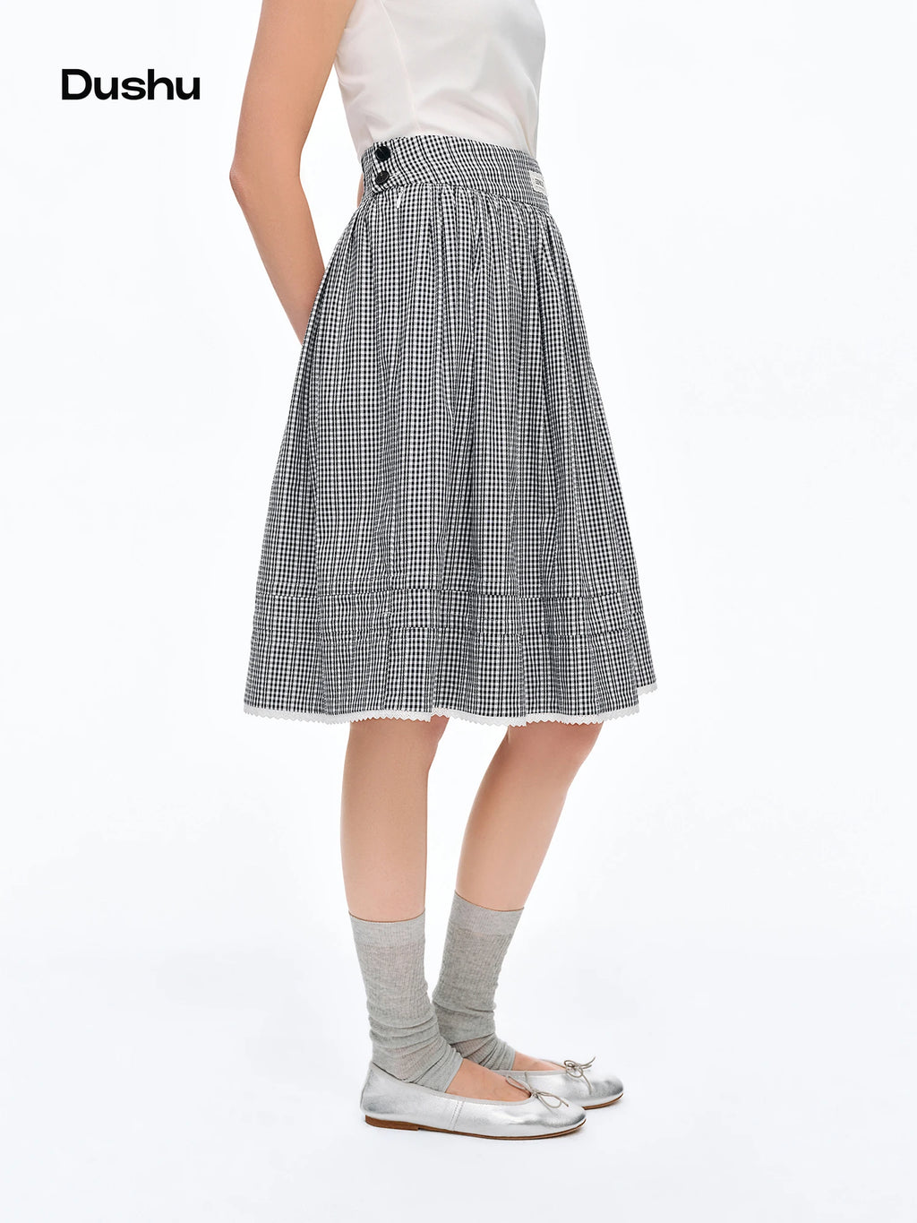 DUSHU 2026 New Summer Women's Black White Plaid Midi Skirt, Slimming A-Line Layered Skirt for Y2K Retro & Preppy Style Chic