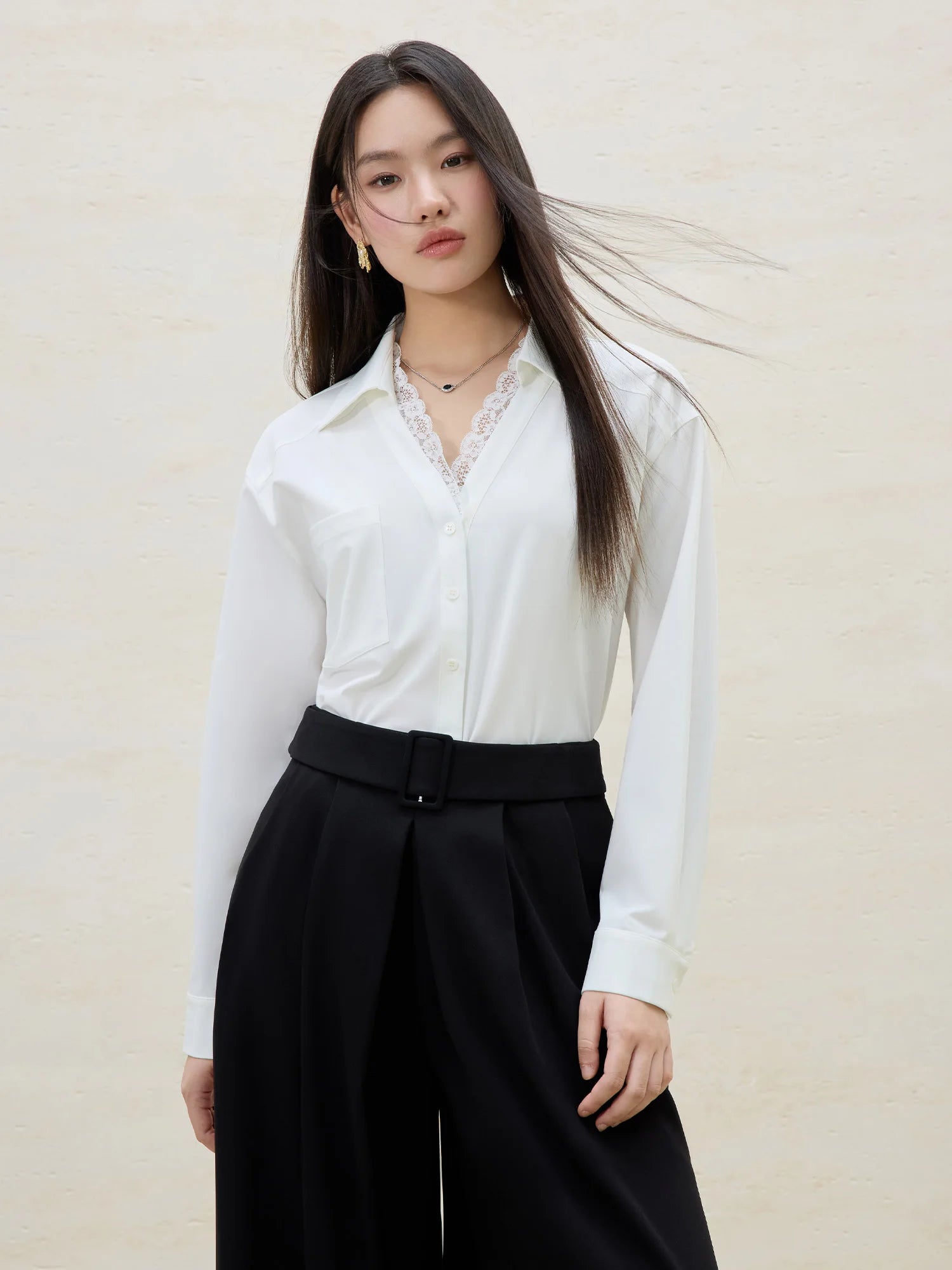 DUSHU Women White Long Sleeve Shirts Lace Patchwork Design Female Temperament V-Neck Blouses Top Purple Shirt 25DS81099