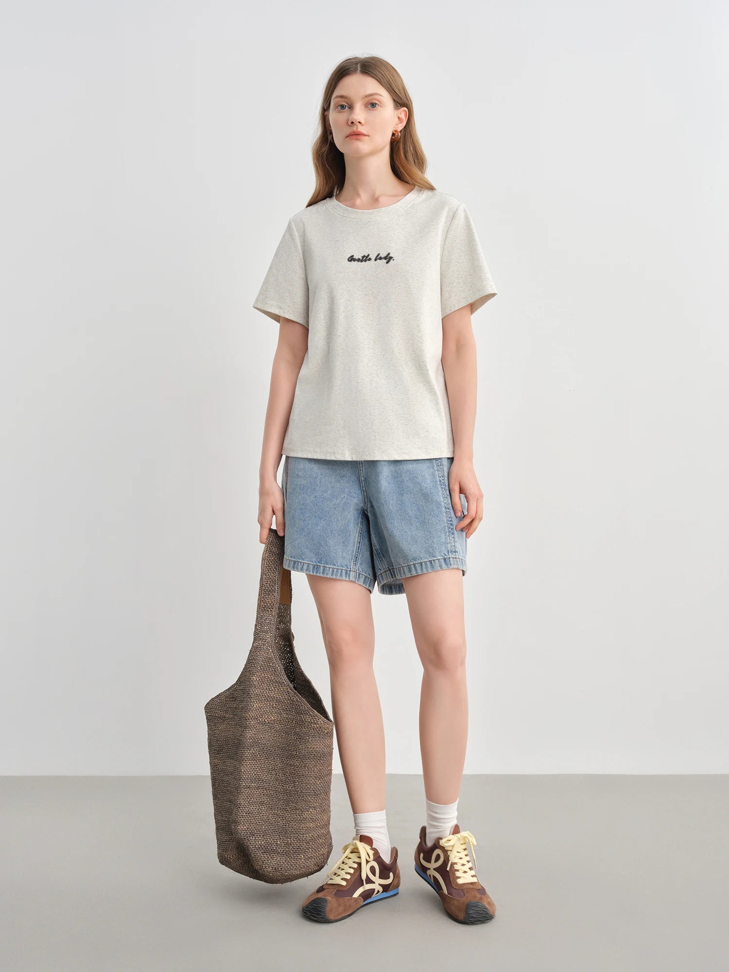 DUSHU Plus-Size Women O-Neck Top Summer Essentials Contrast Letter Print High-Elasticity Slimming Proper Shoulder Tees 25DS82622