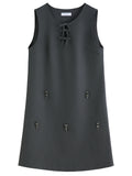 DUSHU Autumn 2025 Women's Embellished Beaded Tank Dress - Bow Accent Layering Staple Versatile Fall Piece Heavy Craft Detailing