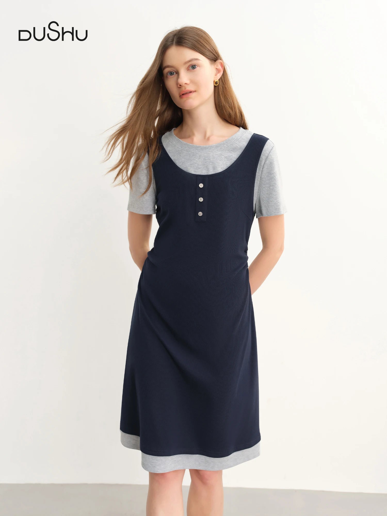 DUSHU Plus-Size Women's Two versions Color Clash Patchwork College-Style 2025 Summer New Dress 25DS82828+25DS82831