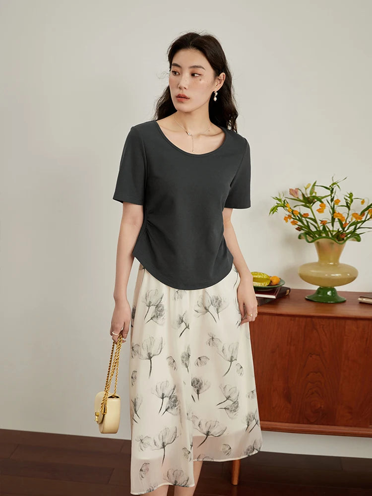 DUSHU Simple Round Neck Short-sleeved T-shirt for Women Summer New All-match Slim Thin Solid Color Short Top for Female