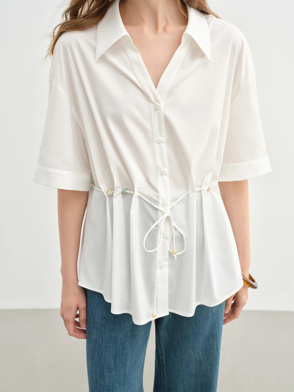 DUSHU Beaded Lace-up Pinched Pleated V-neck Shirt 2025 Summer New Commuter Temperament Top 25DS82696