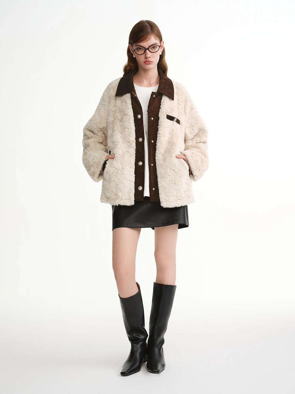 DUSHU Corduroy Patchwork Cropped Jackets Women Coat Autumn and Winter Eco-friendly Faux Fur Retro Soft Daily Commuting Stylish