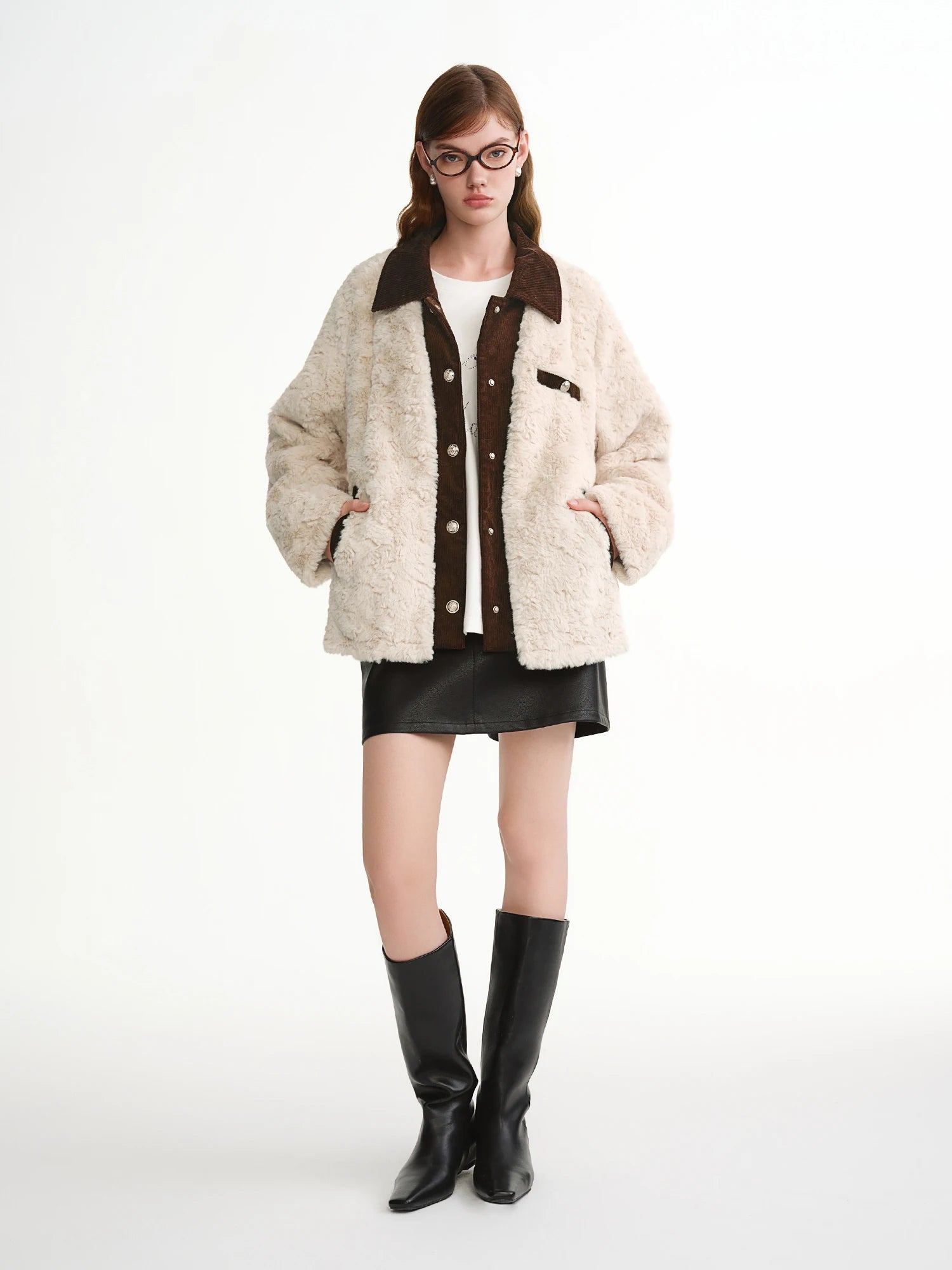 DUSHU Corduroy Patchwork Cropped Jackets Women Coat Autumn and Winter Eco-friendly Faux Fur Retro Soft Daily Commuting Stylish