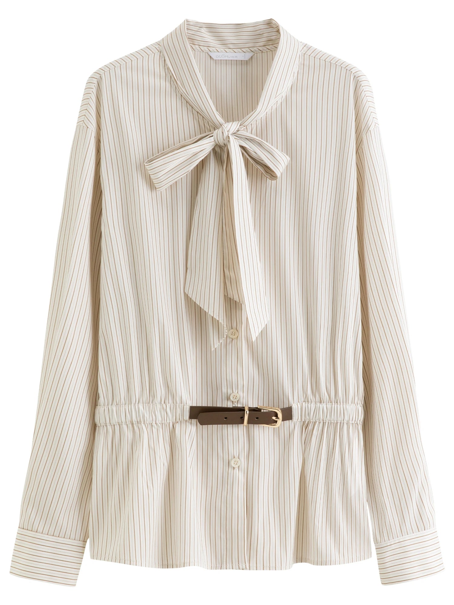 DUSHU Soft Mist Gentle Breeze Women's Blouse Stylish Belted Waist-Cinching Tie-Front White Shirt 2026 Spring New Arrival Shirts