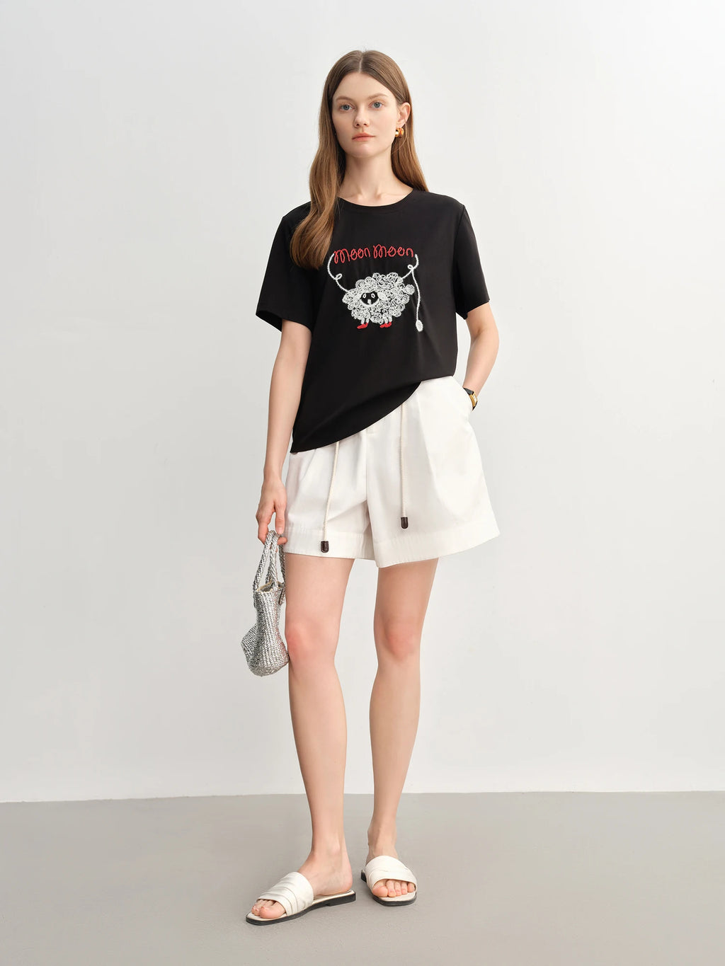 DUSHU Letter Embroidered Lamb Round Neck Short-sleeved T-shirt 2025 Summer Fashion All-match Slim Top 25DS82835