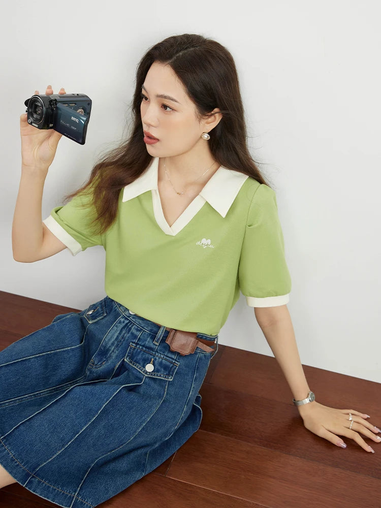 DUSHU American Simple Style Polo Collar T-Shirt for Women Summer Chic Design Loose Casual Contrasting Color All-match Top Female