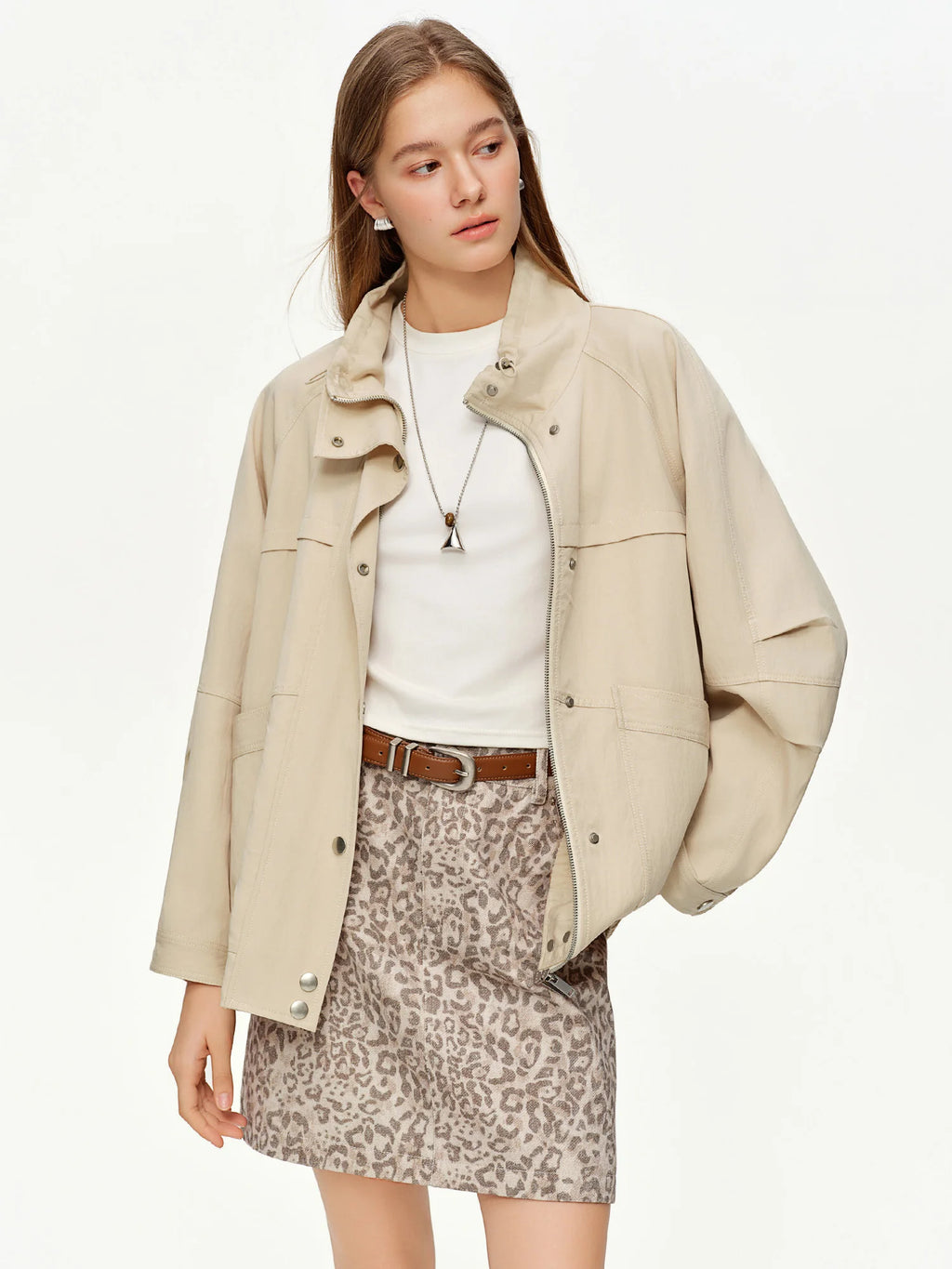 DUSHU Women's American Style Drawstring Standing Collar Casual Windbreaker Spring 2026 New Arrival Minimalist Sleek Cool Jackets