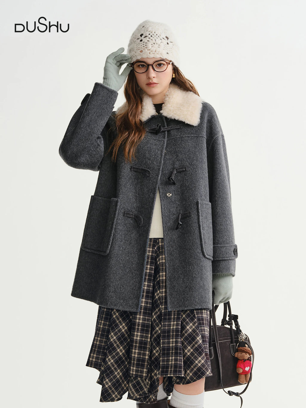 DUSHU 2025 Winter Women's Detachable Faux Fur Collar Toggle Button Wool Blend Coat - New Arrival Casual Elegant Outerwear