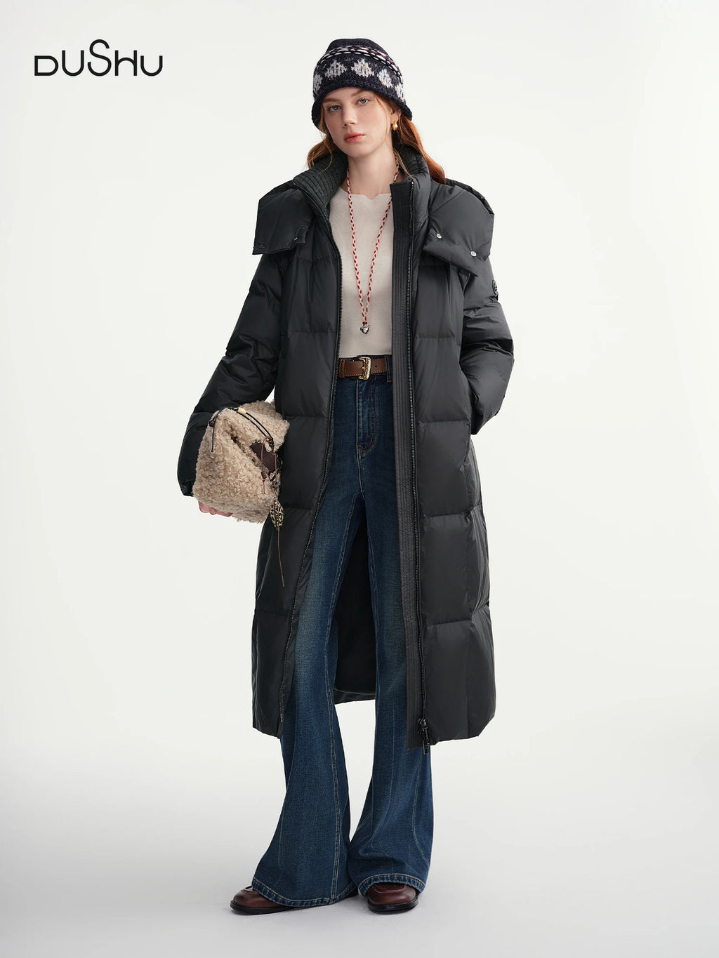 DUSHU Plus-Size Women's Quilted Long Down Jacket with Standing Collar and Hood Winter 2025 by Warmth Field White Duck Down Coats