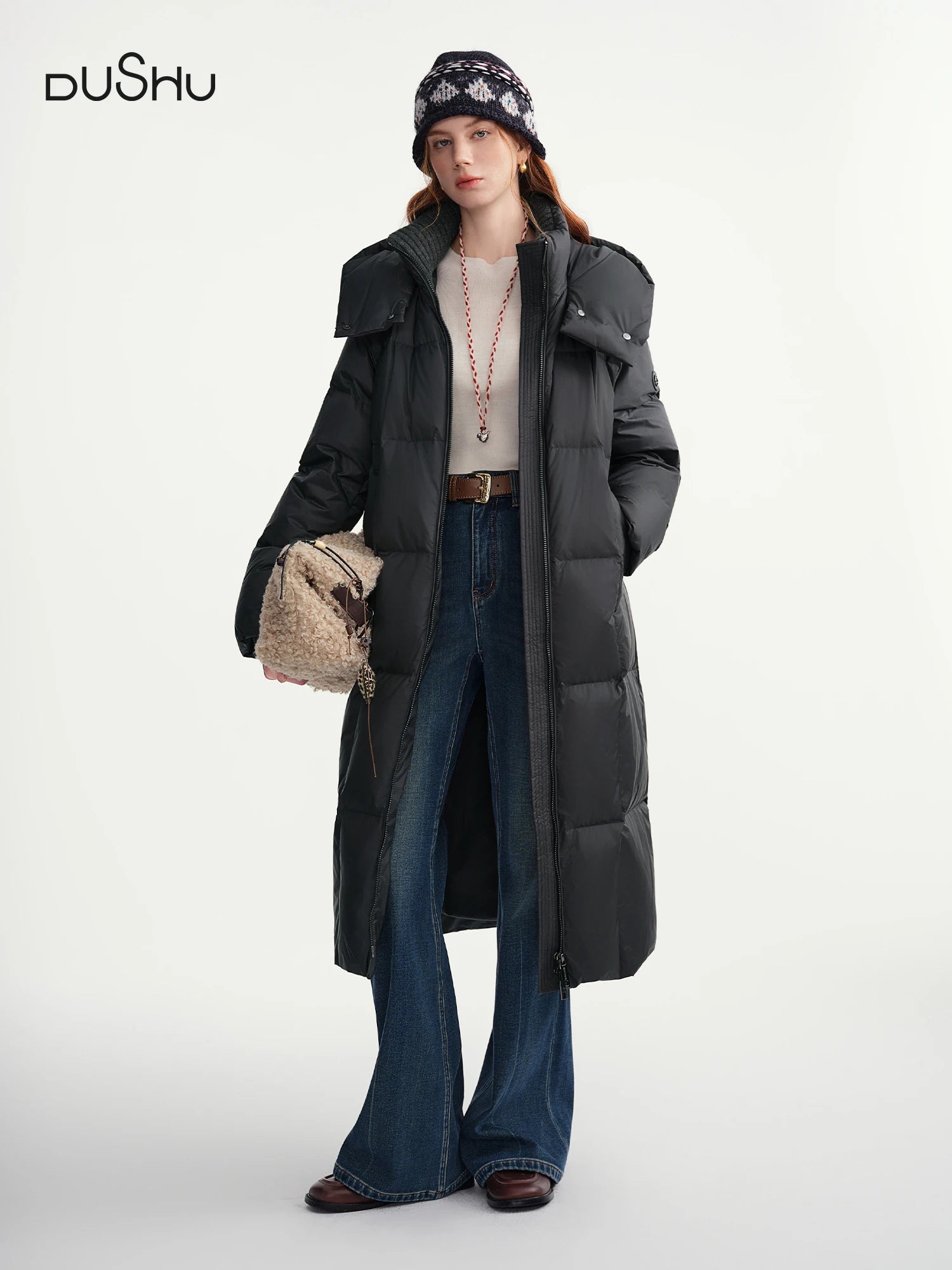 DUSHU Plus-Size Women's Quilted Long Down Jacket with Standing Collar and Hood Winter 2025 by Warmth Field White Duck Down Coats