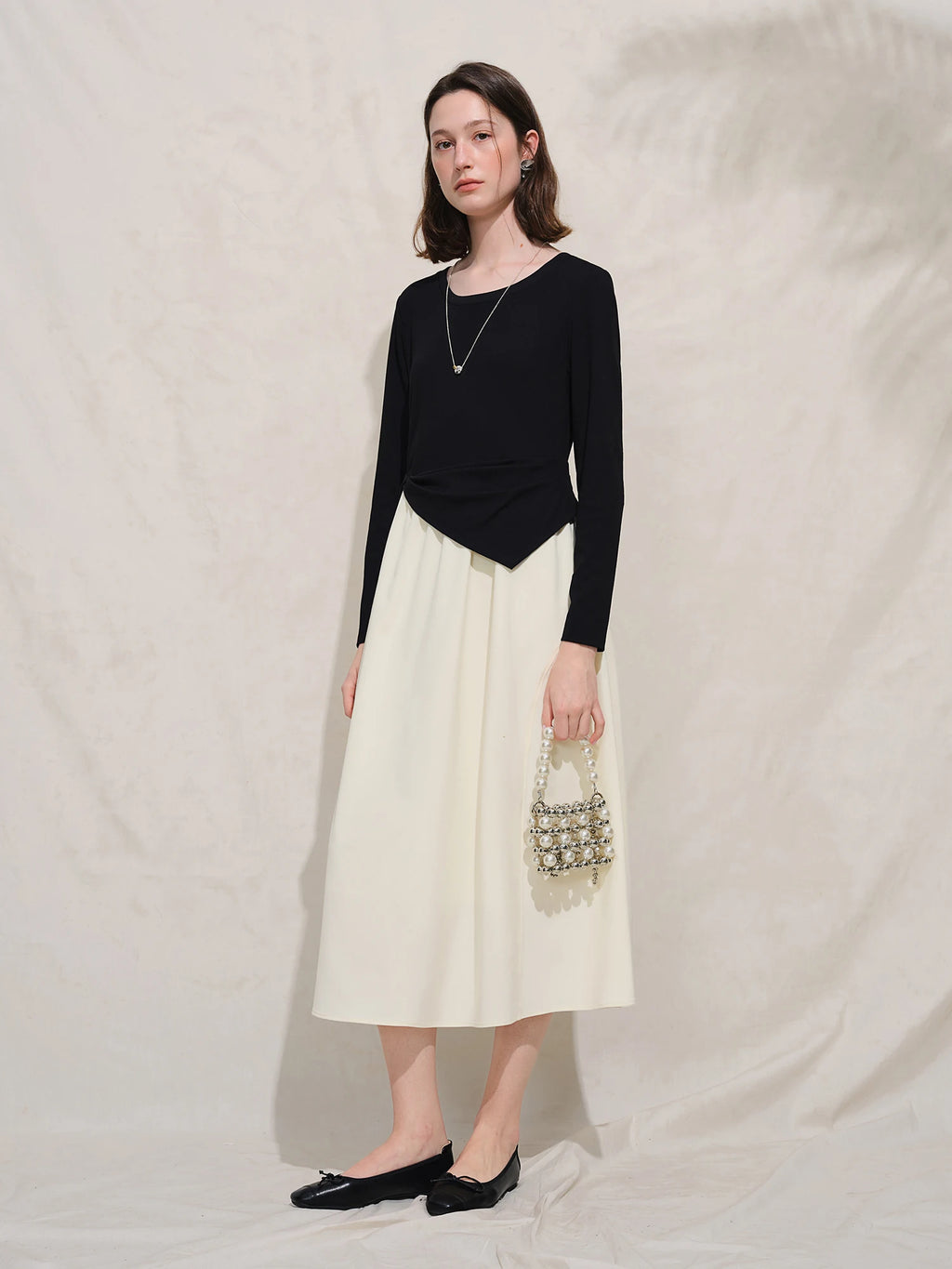 DUSHU Autumn 2025 Women's French Style Color Block Dress - Contrast Panel Shift Workwear Midi Skirt with Flattering Fit