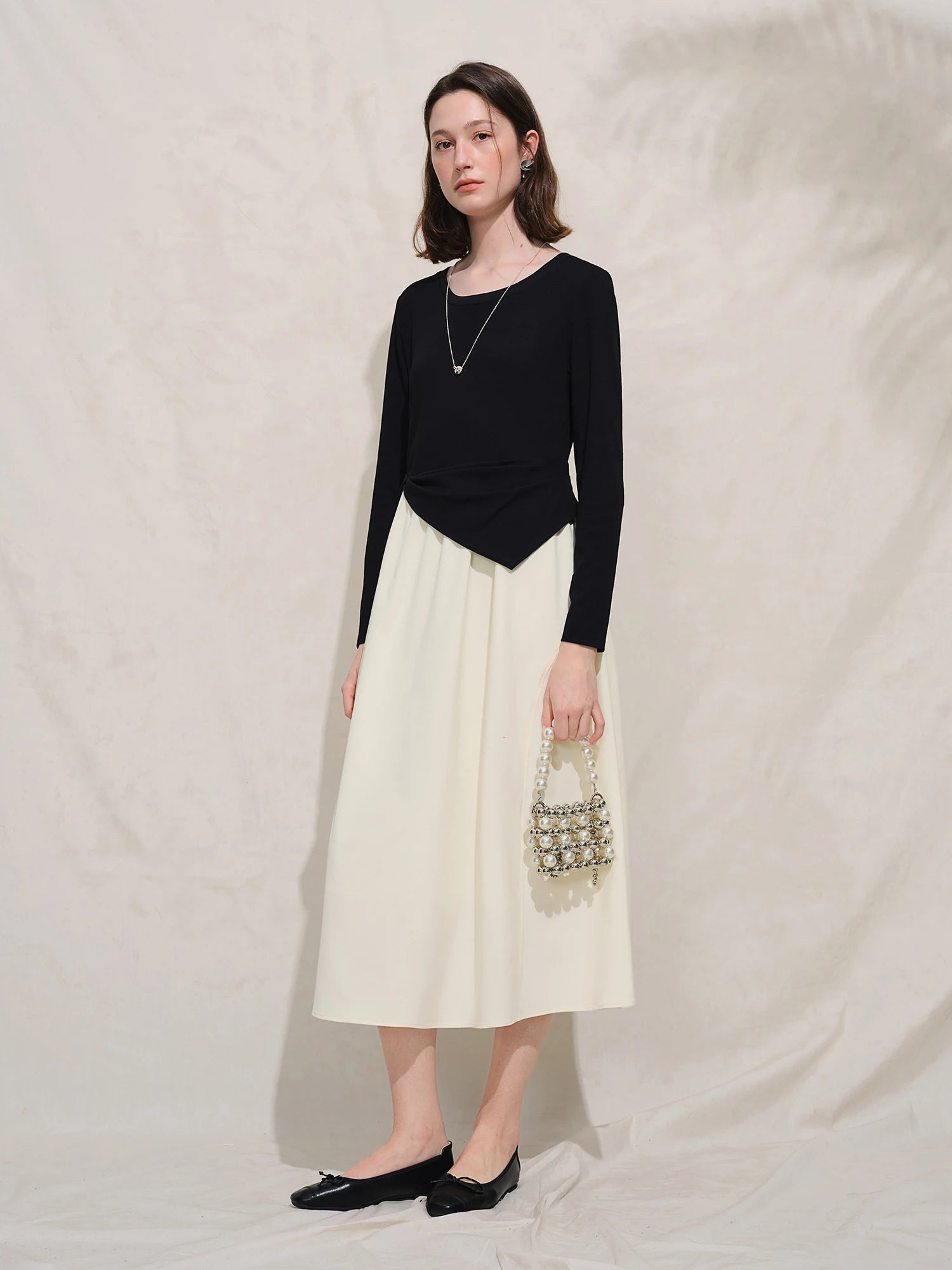 DUSHU Autumn 2025 Women's French Style Color Block Dress - Contrast Panel Shift Workwear Midi Skirt with Flattering Fit