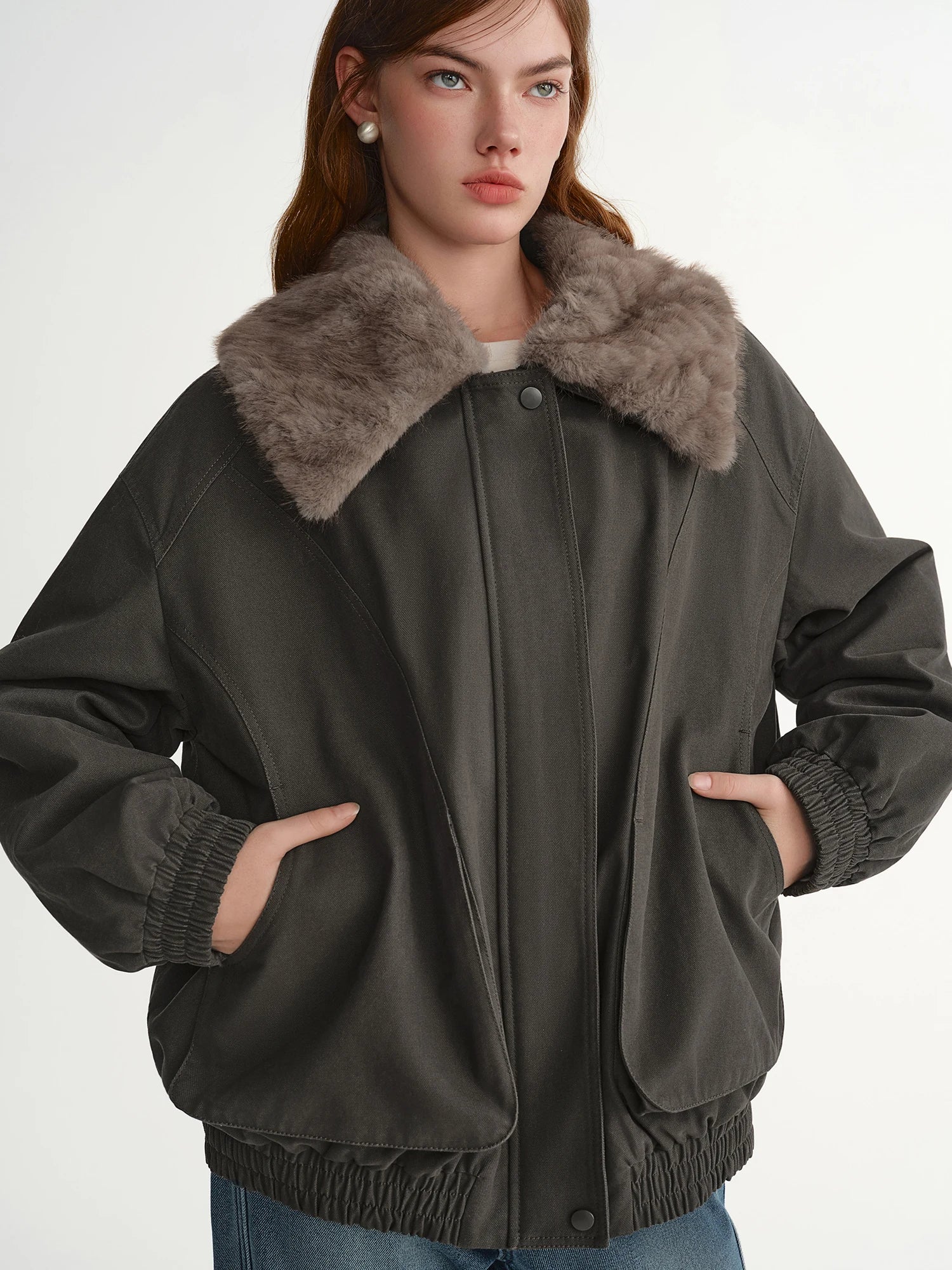 DUSHU 2025 Winter Women's Detachable Faux Fur Collar Utility Down Jacket - Warm Parka Coat with Multiple Pockets for Outdoor