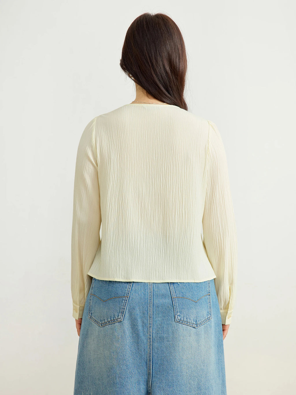 DUSHU Women Beige Long Sleeve Shirts V-Neck Single Breasted Spring Chiffon Blouse Gentle Style Long Sleeve Tops 25DS81100