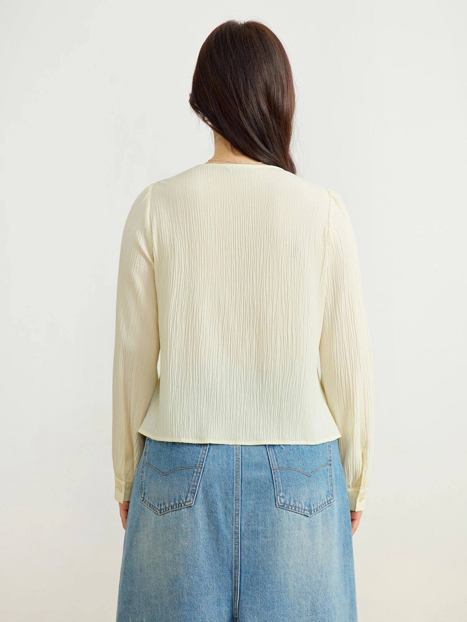 DUSHU Women Beige Long Sleeve Shirts V-Neck Single Breasted Spring Chiffon Blouse Gentle Style Long Sleeve Tops 25DS81100